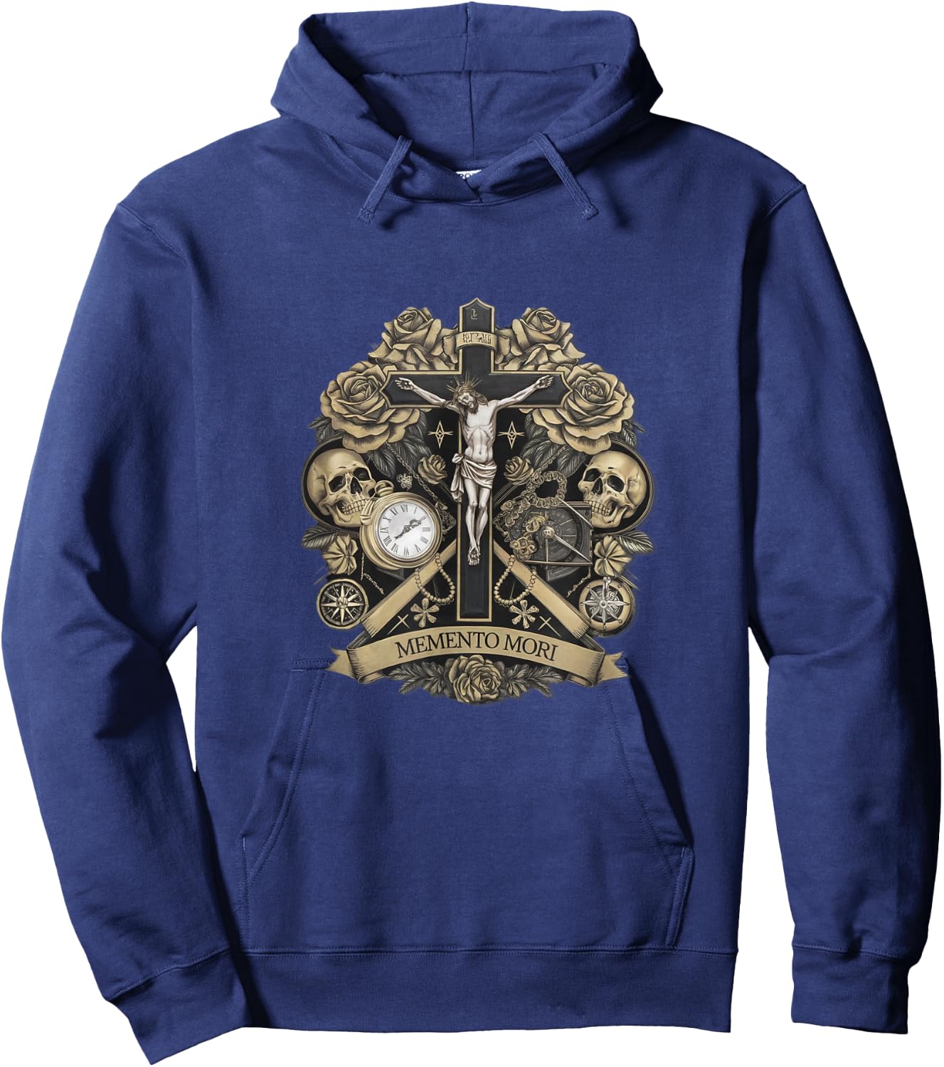 Memento Mori Catholic Crucifix Traditional Latin Mass Skull Hoodie - Hoodie | Navy