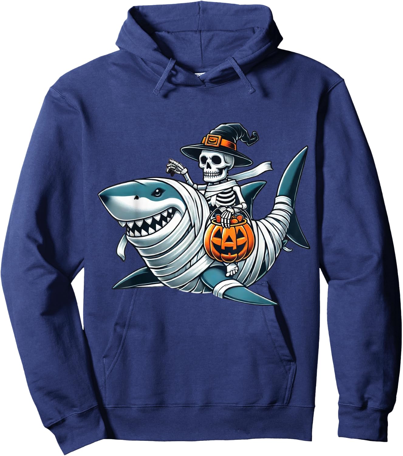 Skeleton Riding Shark Funny Halloween Pumpkin Boys Kids Hoodie - Hoodie | Navy