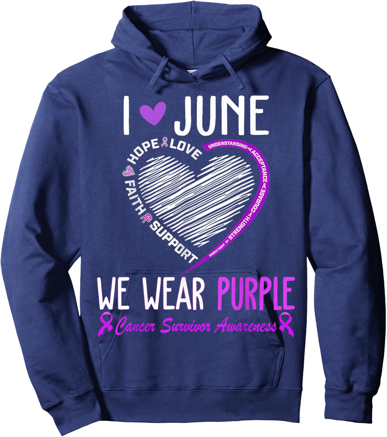 In June We Wear Purple Cancer Survivor Awareness Heart Hoodie - Hoodie | Navy
