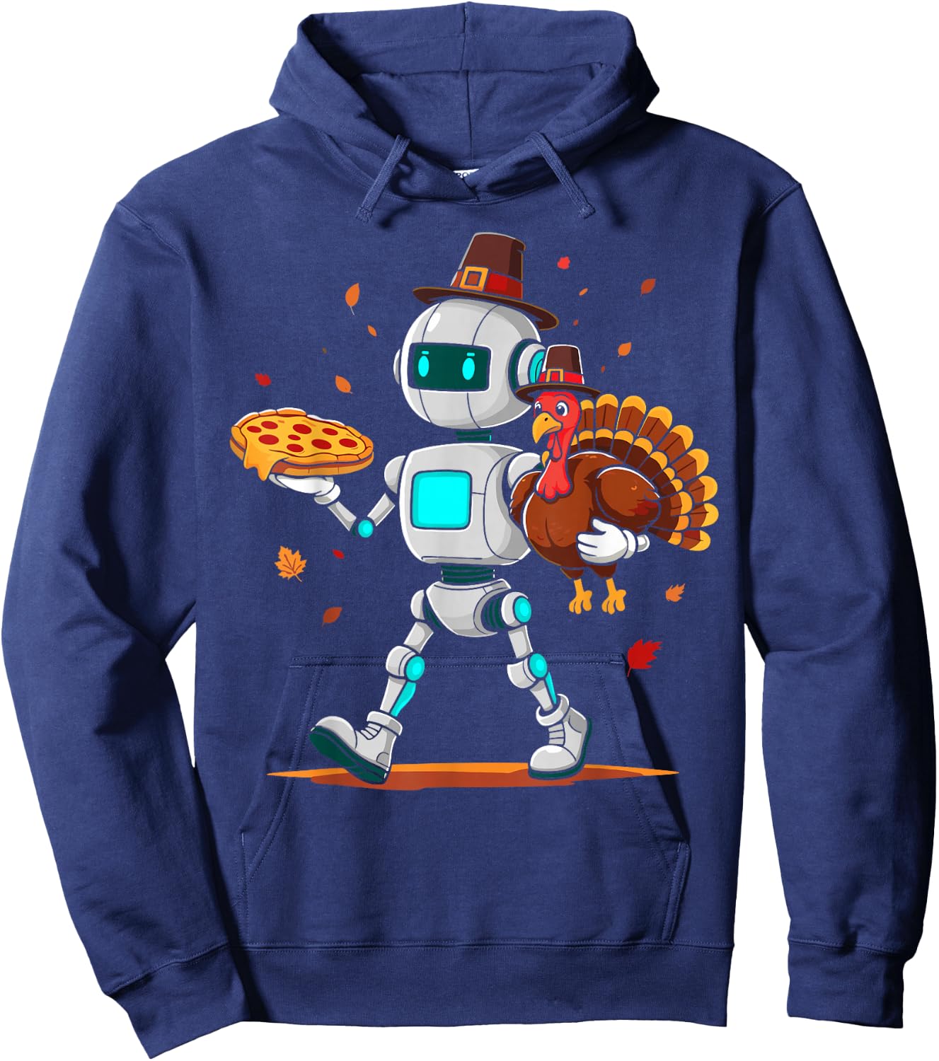 Robot holding turkey pizza thanksgiving fall kids men women Hoodie - Hoodie | Navy