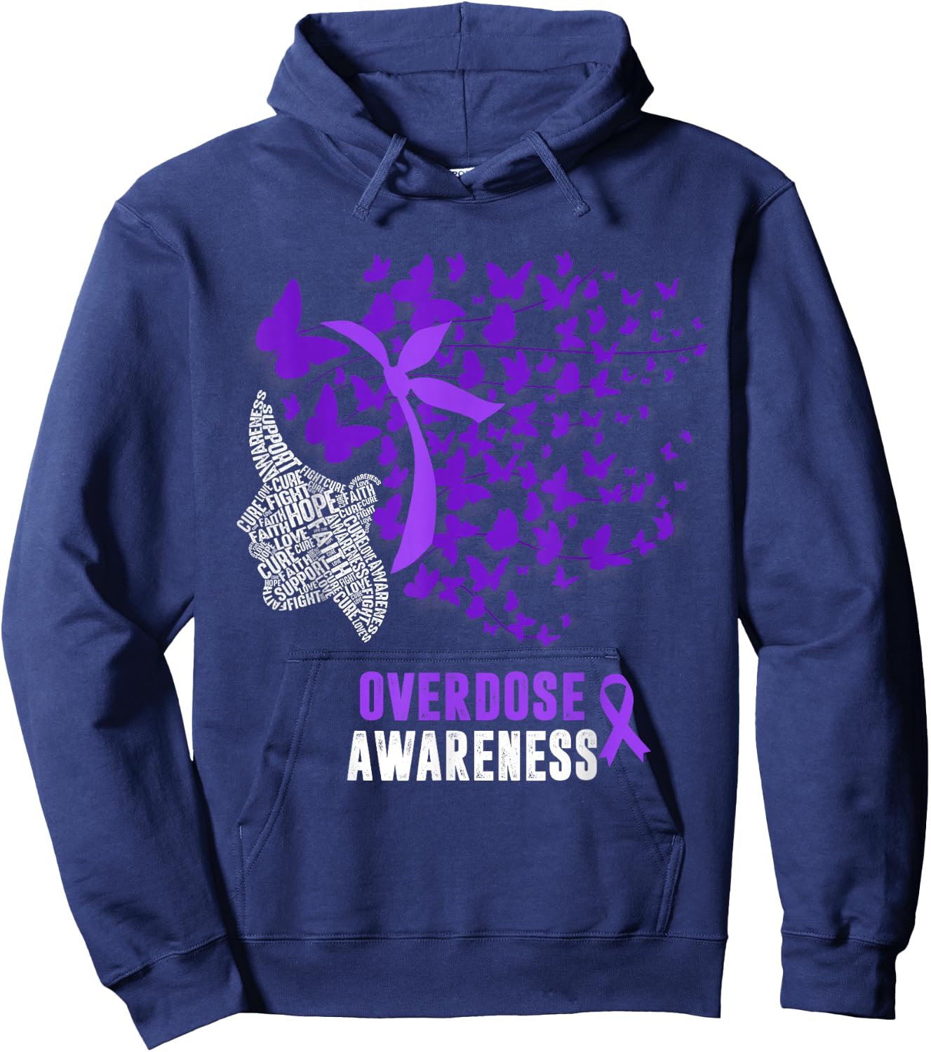 Overdose Awareness Month Butterfly Purple Ribbon Hoodie - Hoodie | Navy
