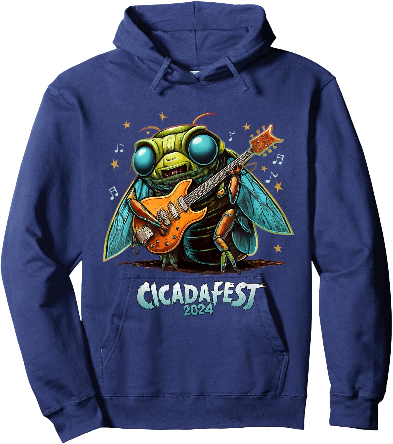 Dibble Dabble Designs Cicadas Cicada fest 2024 Guitar Playing Cicada , Small, Black Hoodie - Hoodie | Navy