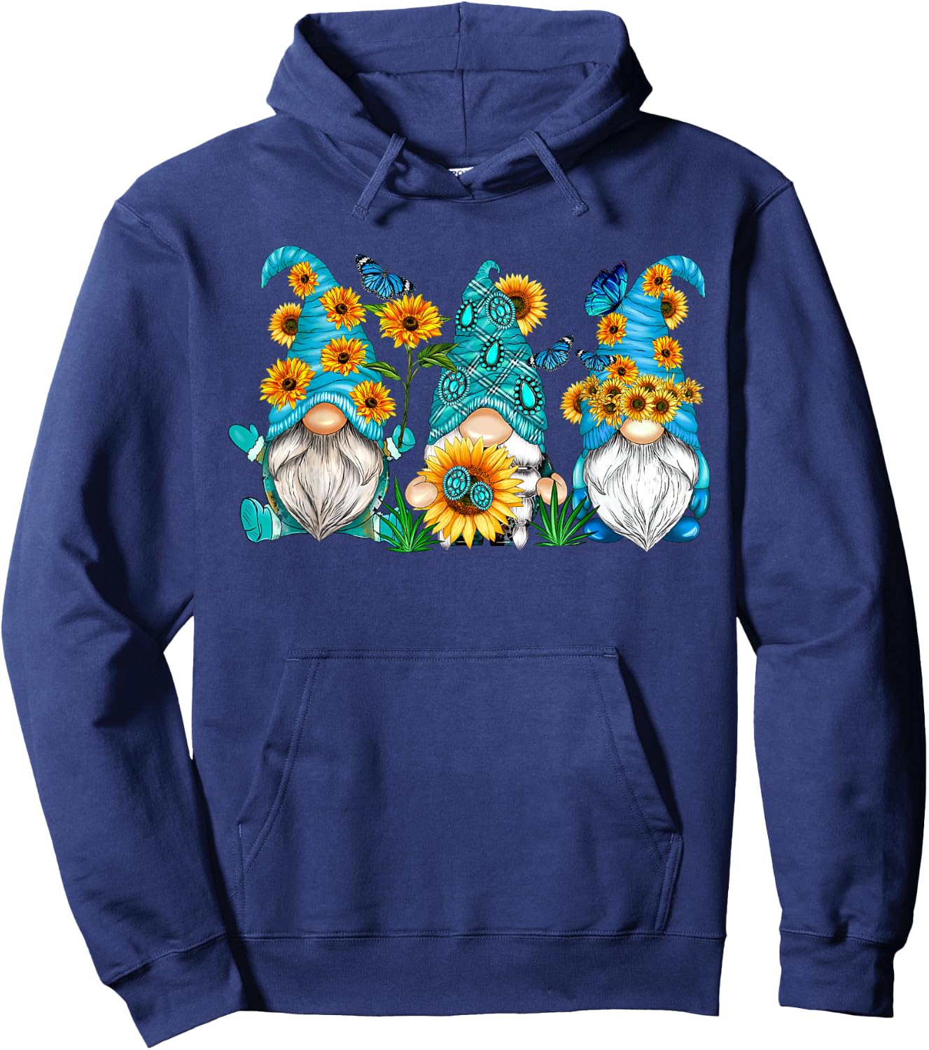 Cute Gnomes With Sunflower Butterfly Gardener Summer Floral Hoodie - Hoodie | Navy
