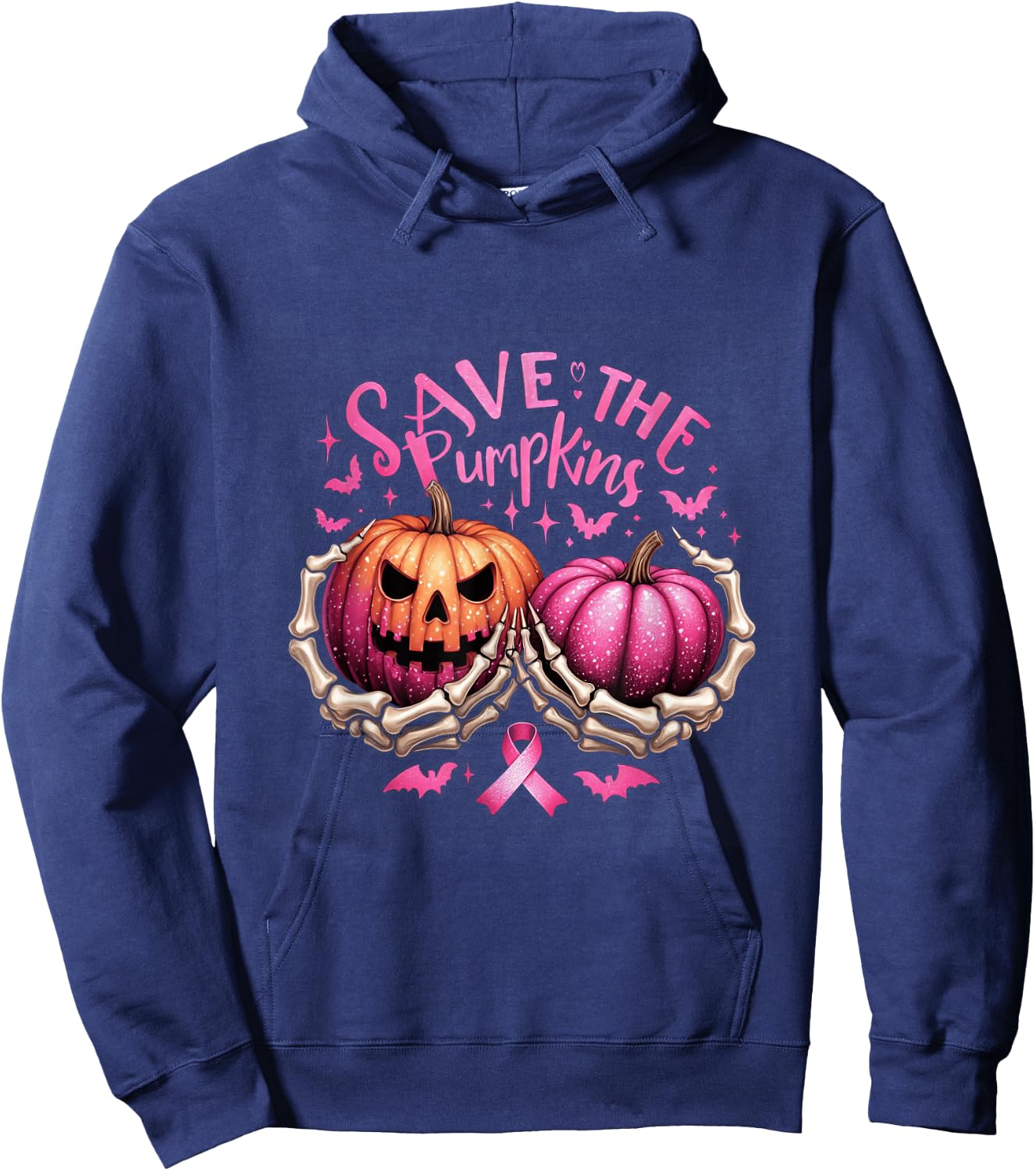 Save The Pumpkins Skeleton Halloween Breast Cancer Awareness Hoodie - Hoodie | Navy