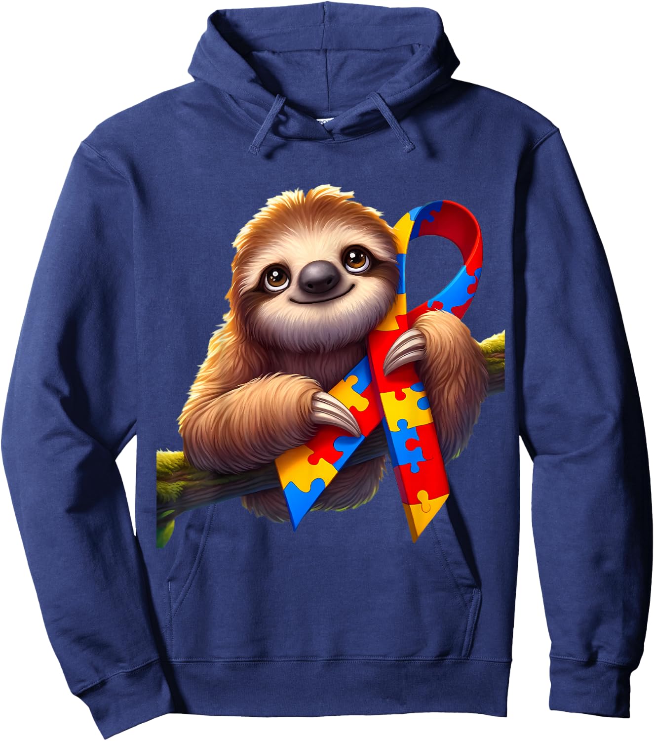 Autism Awareness Cute Sloth Yellow Red Blue Animal Ribbon Hoodie - Hoodie | Navy