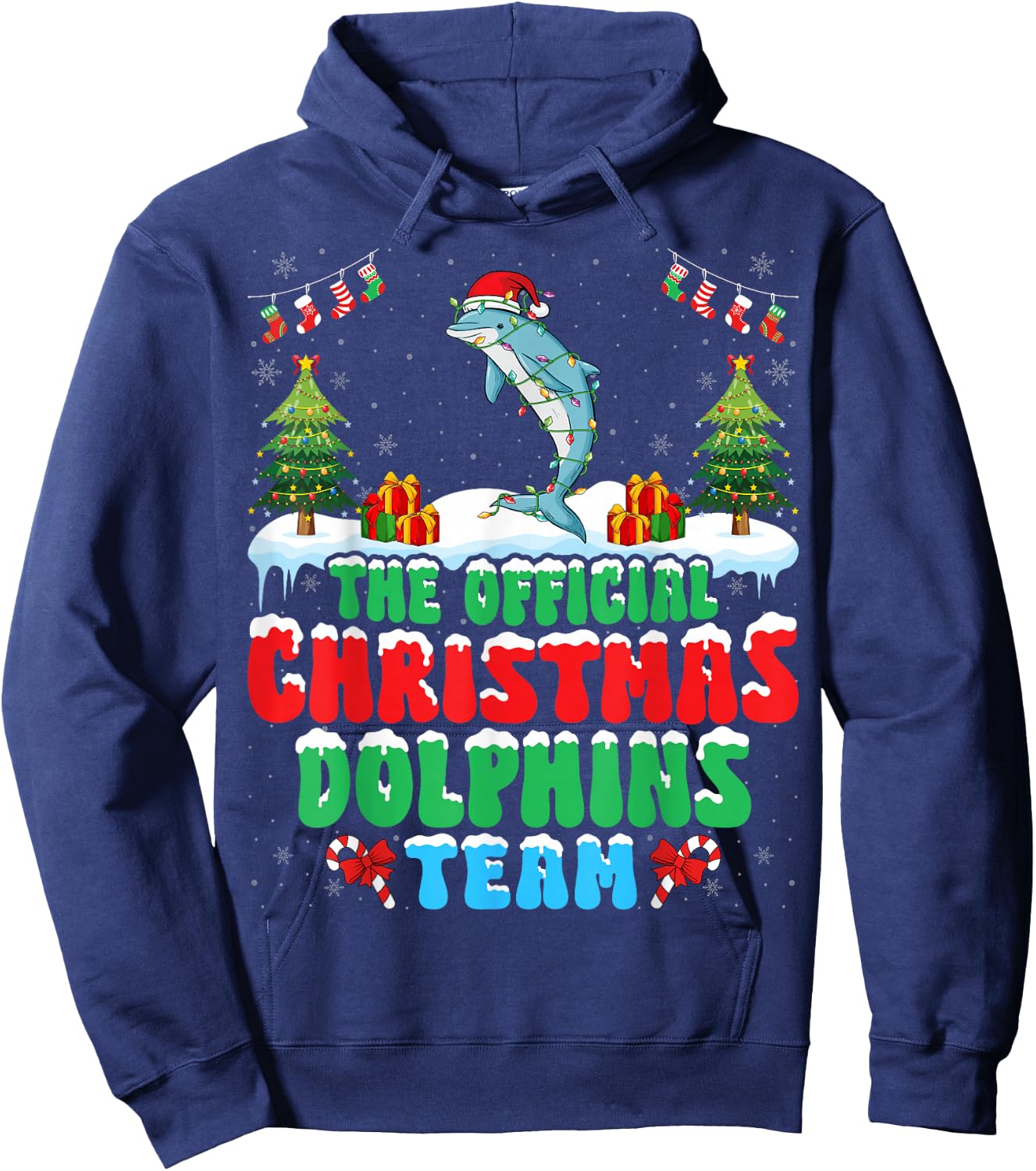 Christmas Dolphins Team - Dolphins Wearing Santa Hat Xmas Hoodie - Hoodie | Navy