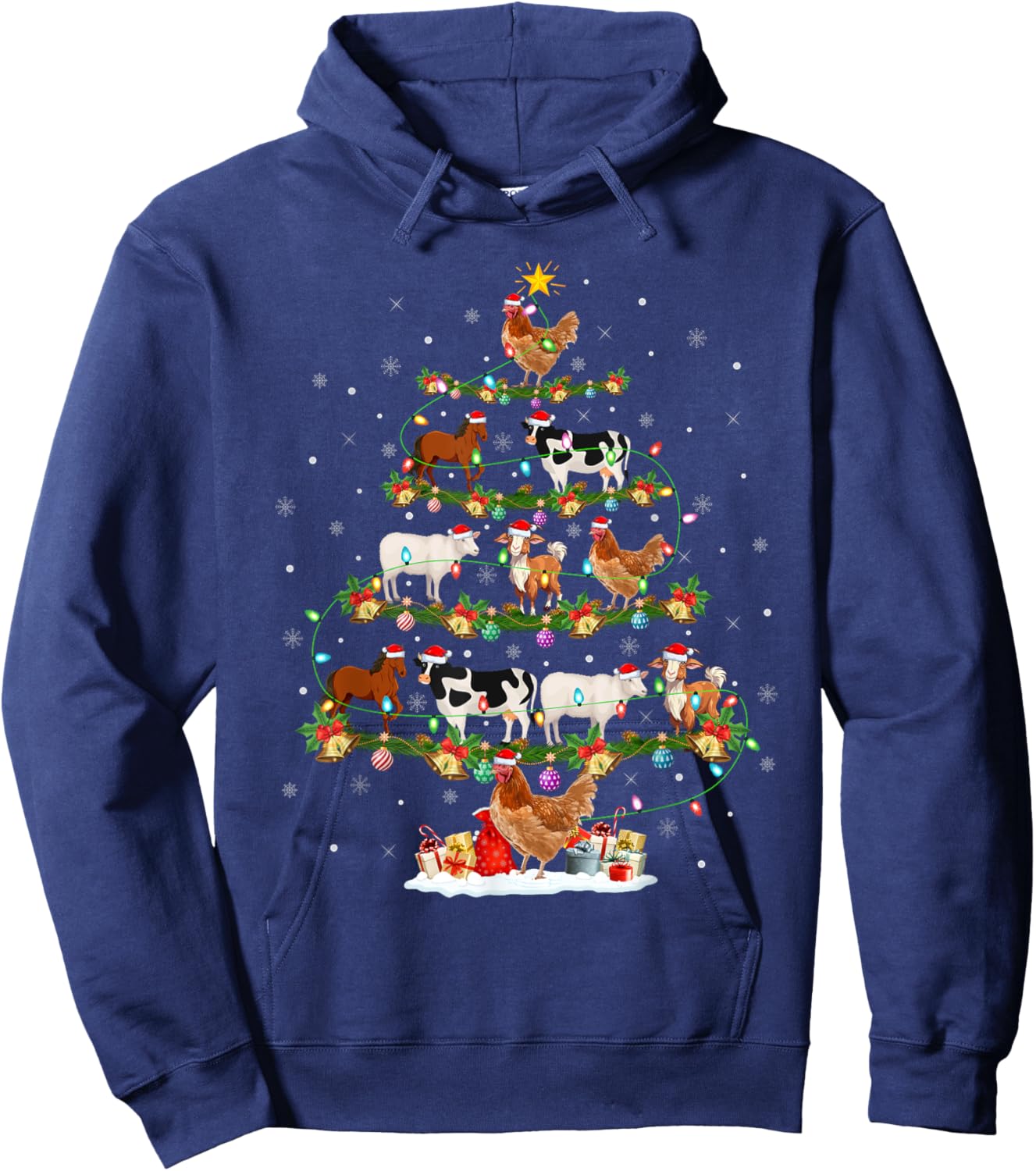 Chicken Cow Goat Horse Farm Animal Farmer Christmas Tree Hoodie - Hoodie | Navy
