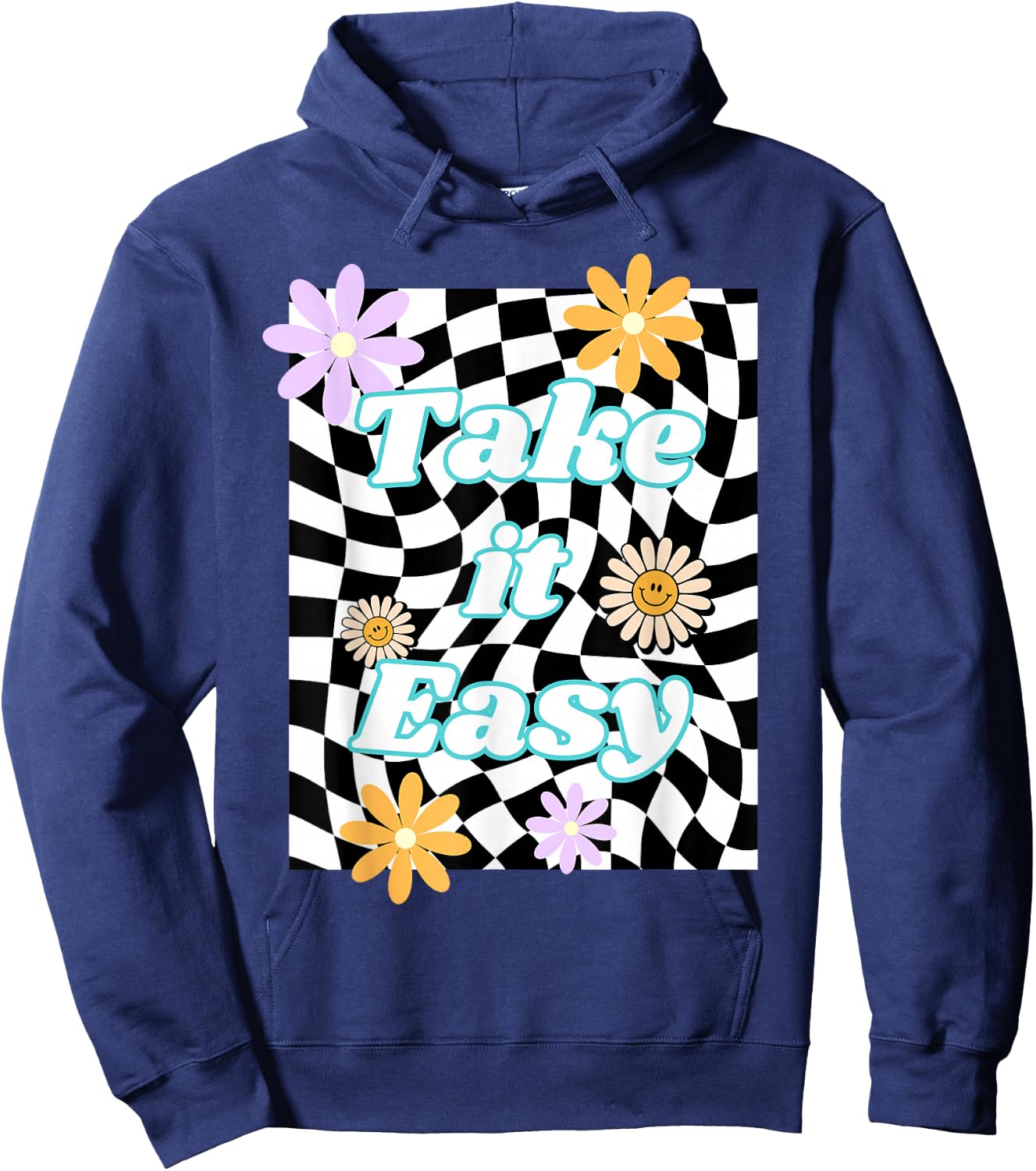 Take It Easy Checkered Groovy Smile Daisy Retro Flower Hoodie - Hoodie | Navy