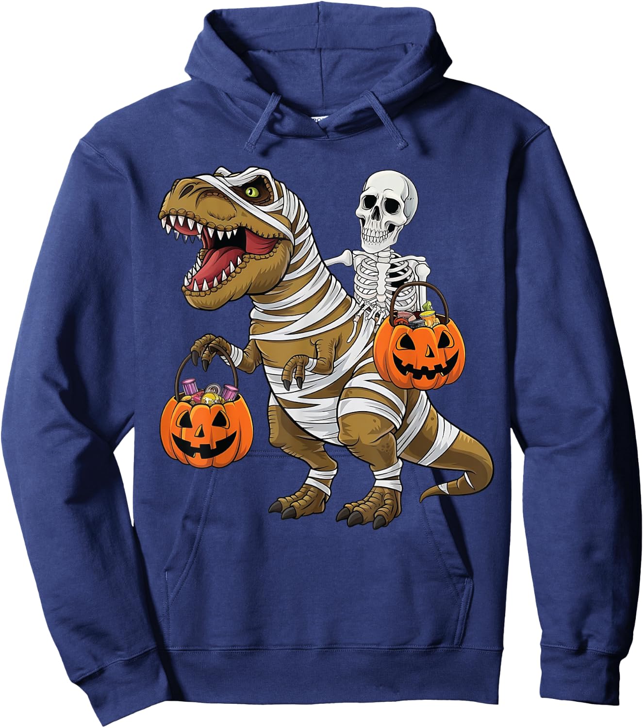 Skeleton Riding Mummy Dinosaur T rex Halloween Funny Pumpkin Hoodie - Hoodie | Navy