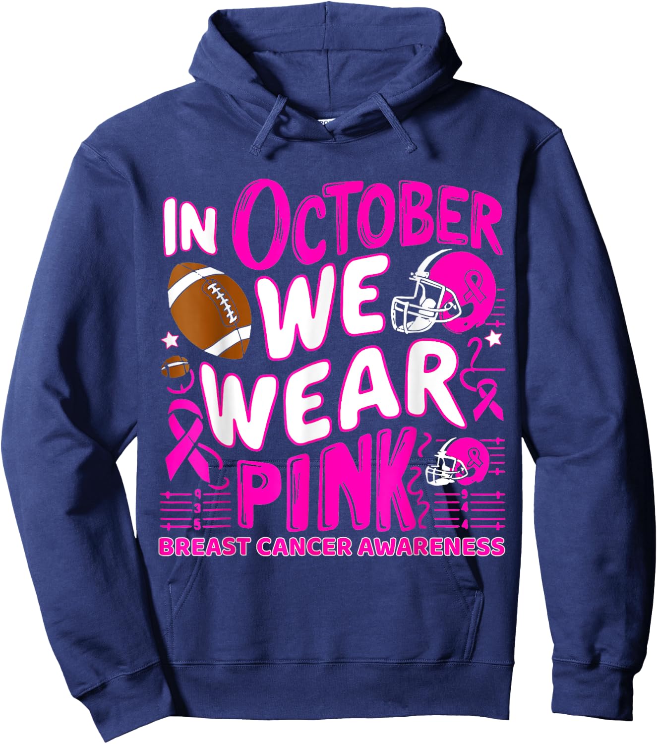 In October We Wear Pink Breast Cancer Football Halloween Hoodie - Hoodie | Navy
