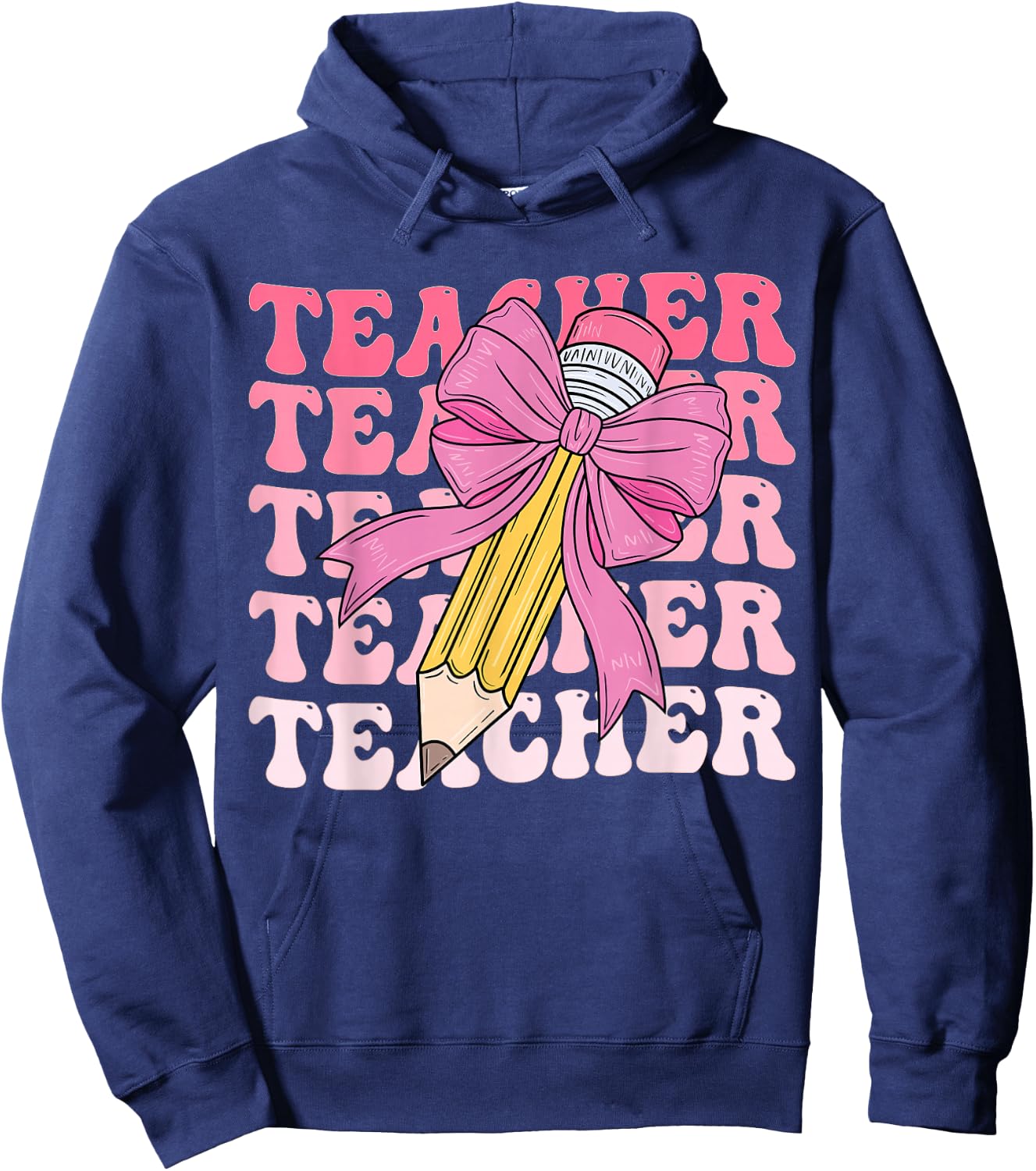 Teacher Pencil Back to School Groovy Pink Teacher First Day Hoodie - Hoodie | Navy