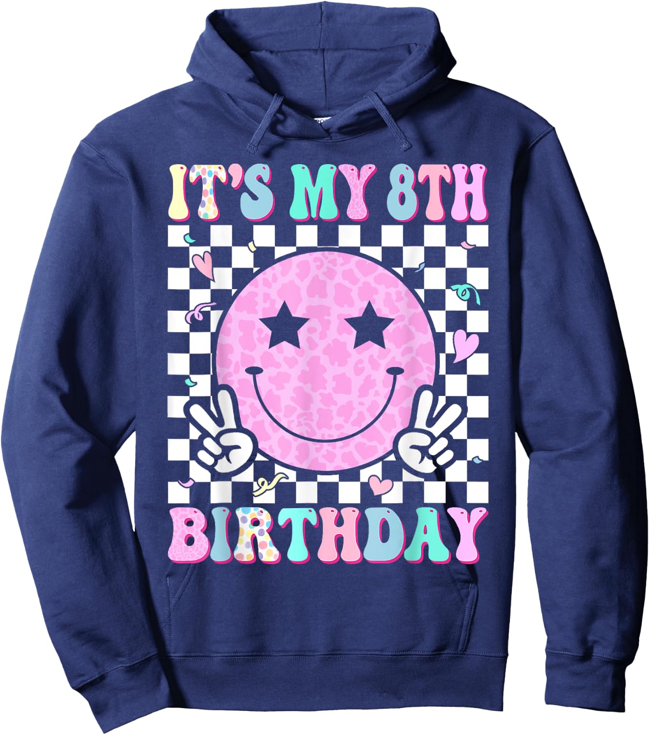 Groovy Hippie Smile Face It's My 8th Birthday 8 Years Old Hoodie - Hoodie | Navy