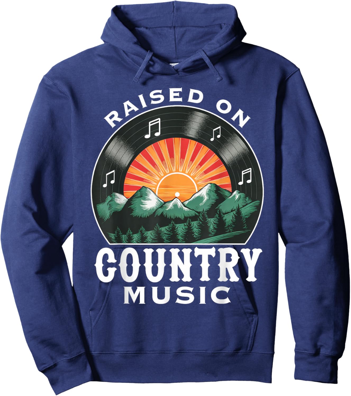 Raised on Country Music Vinyl Vintage Sunset and Mountains Hoodie - Hoodie | Navy