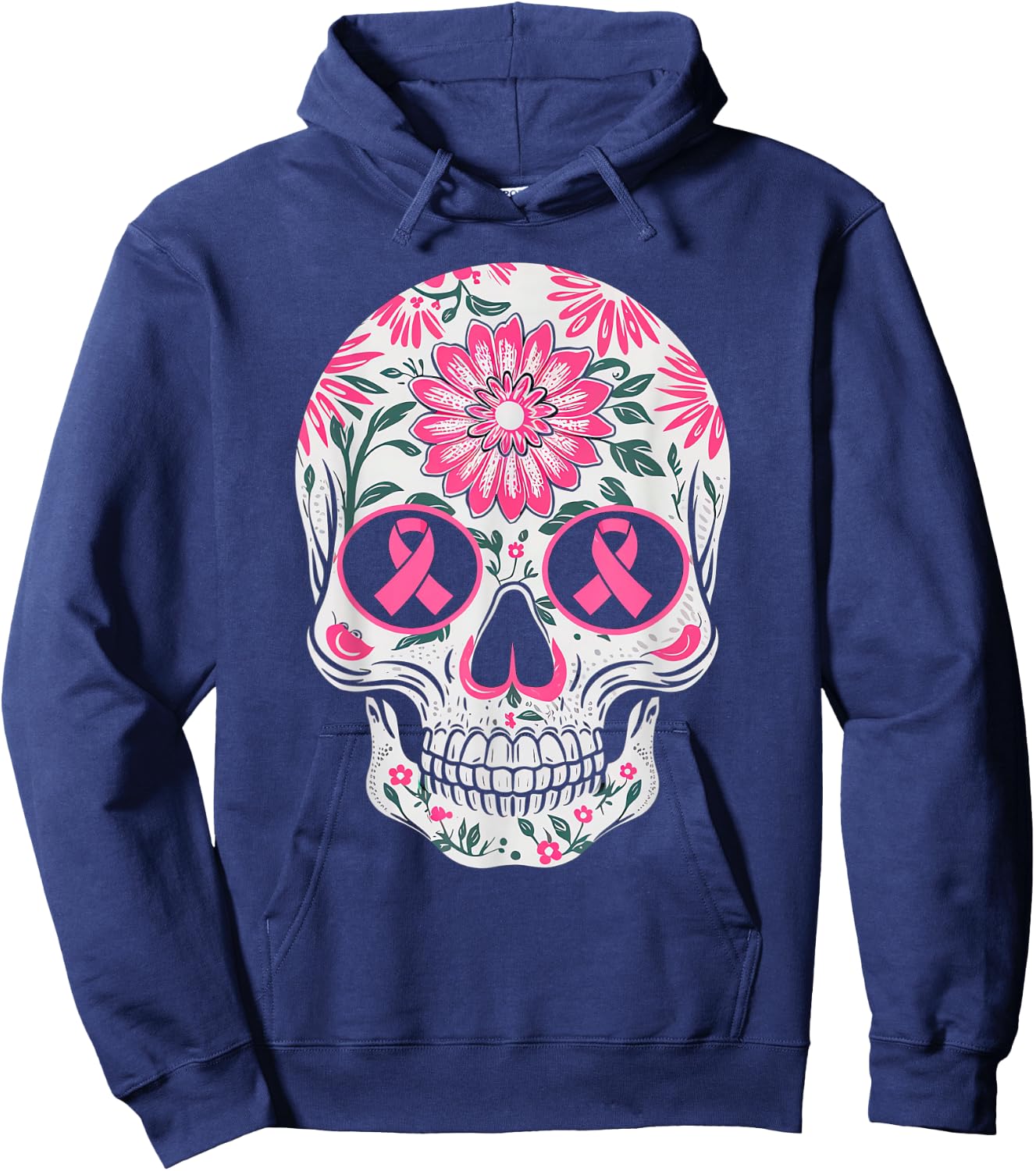 Pink Ribbon Skull Skeleton Breast Cancer Awareness Hoodie - Hoodie | Navy