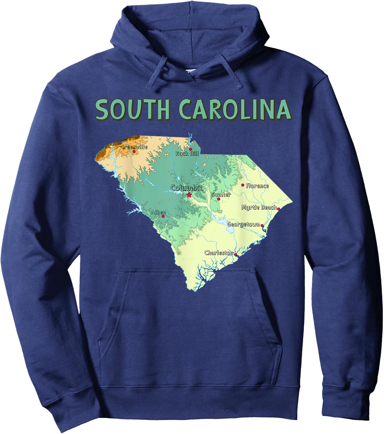 Physical Map of South Carolina, major cities, lakes, rivers Hoodie - Hoodie | Navy