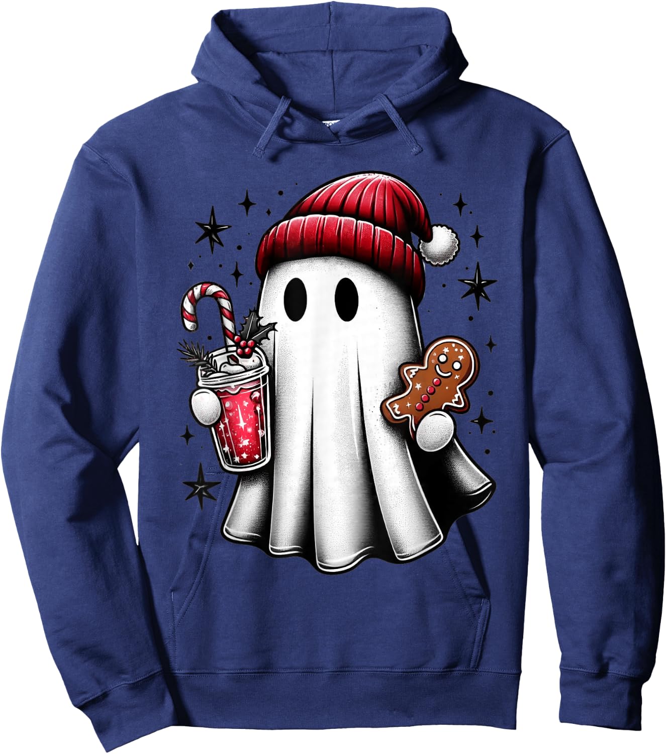 Cute Santa Ghost Drinking Coffee Ice Coffee Christmas Pajama Hoodie - Hoodie | Navy