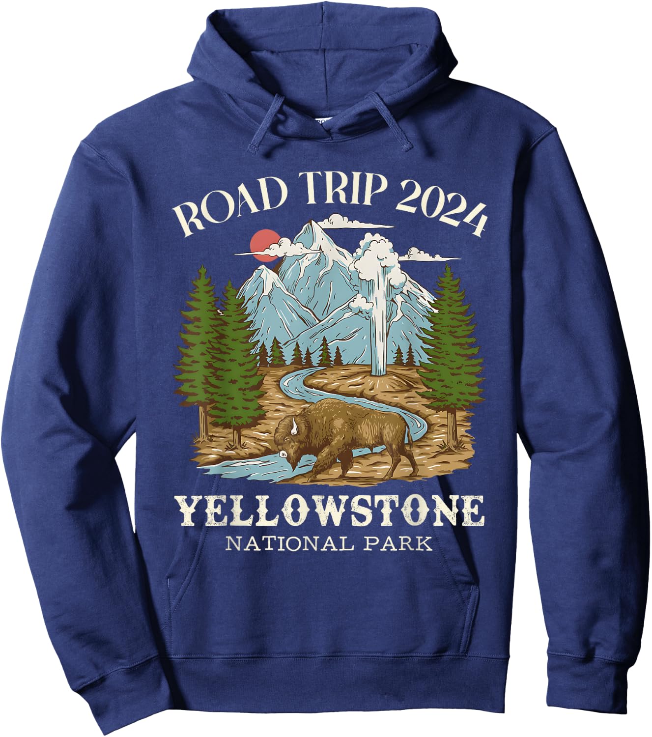 Road Trip 2024 Yellowstone National Park Wilderness Nature , Small, Black Hoodie - Hoodie | Navy