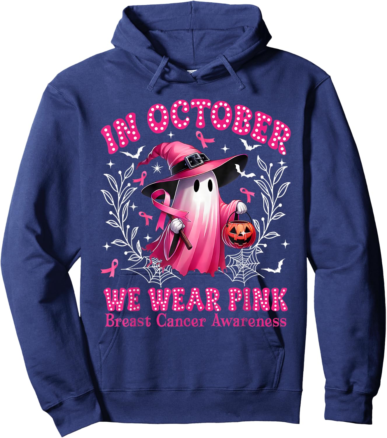 In October We Wear Pink Ghost Witch Breast Cancer Awareness Hoodie - Hoodie | Navy