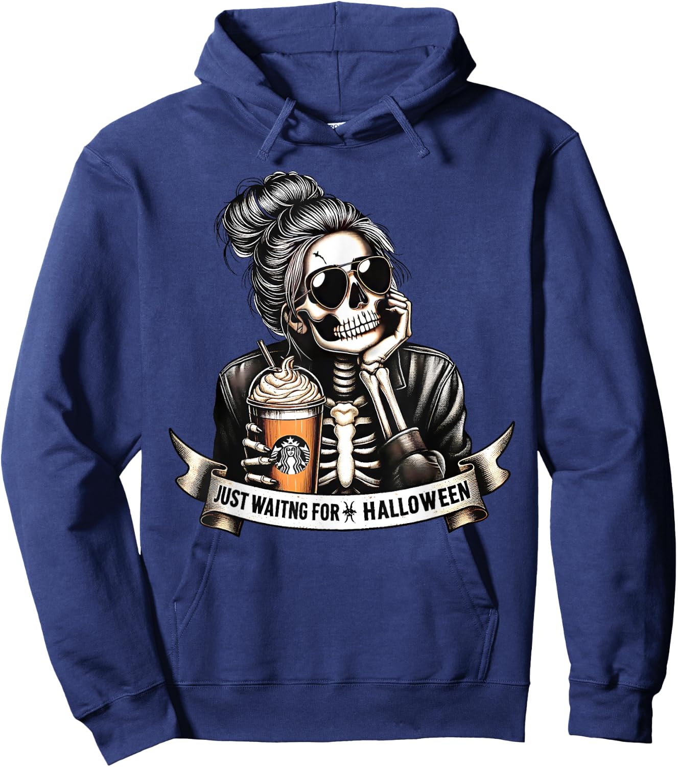 Just Waiting For Halloween Spooky Season Skeleton Coffee Hoodie - Hoodie | Navy