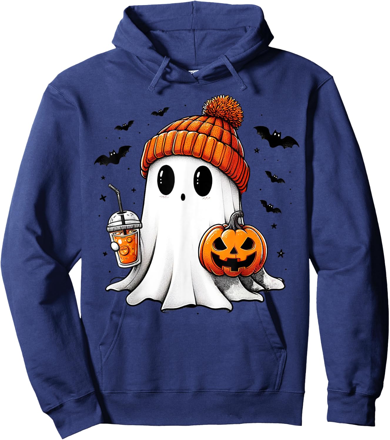 Cute Ghost Drinking Coffee Halloween Ghost Ice Coffee Hoodie - Hoodie | Navy