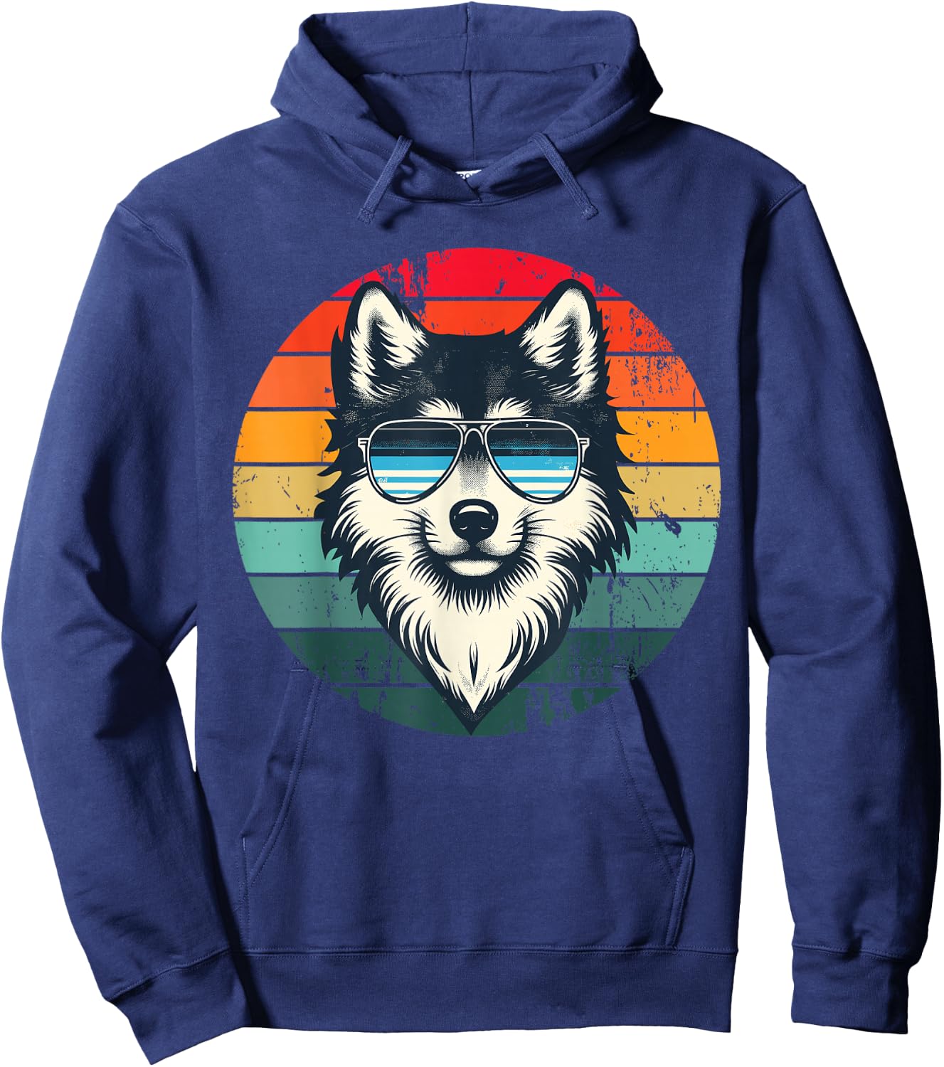 Cool Retro Wolf in Sunglasses 70s 80s 90s Novelty Funny Wolf Hoodie - Hoodie | Navy