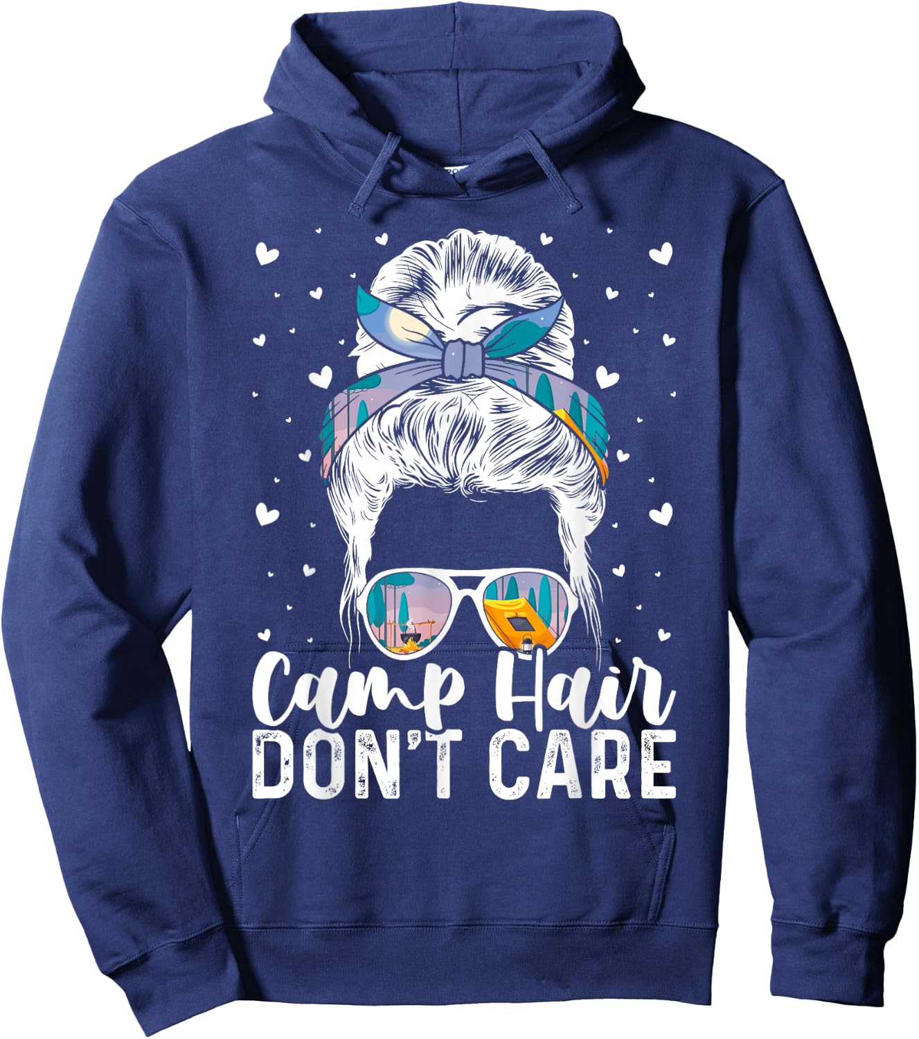 Camp Hair Don't Care Camper Camping Messy Bun Hair Hoodie - Hoodie | Navy