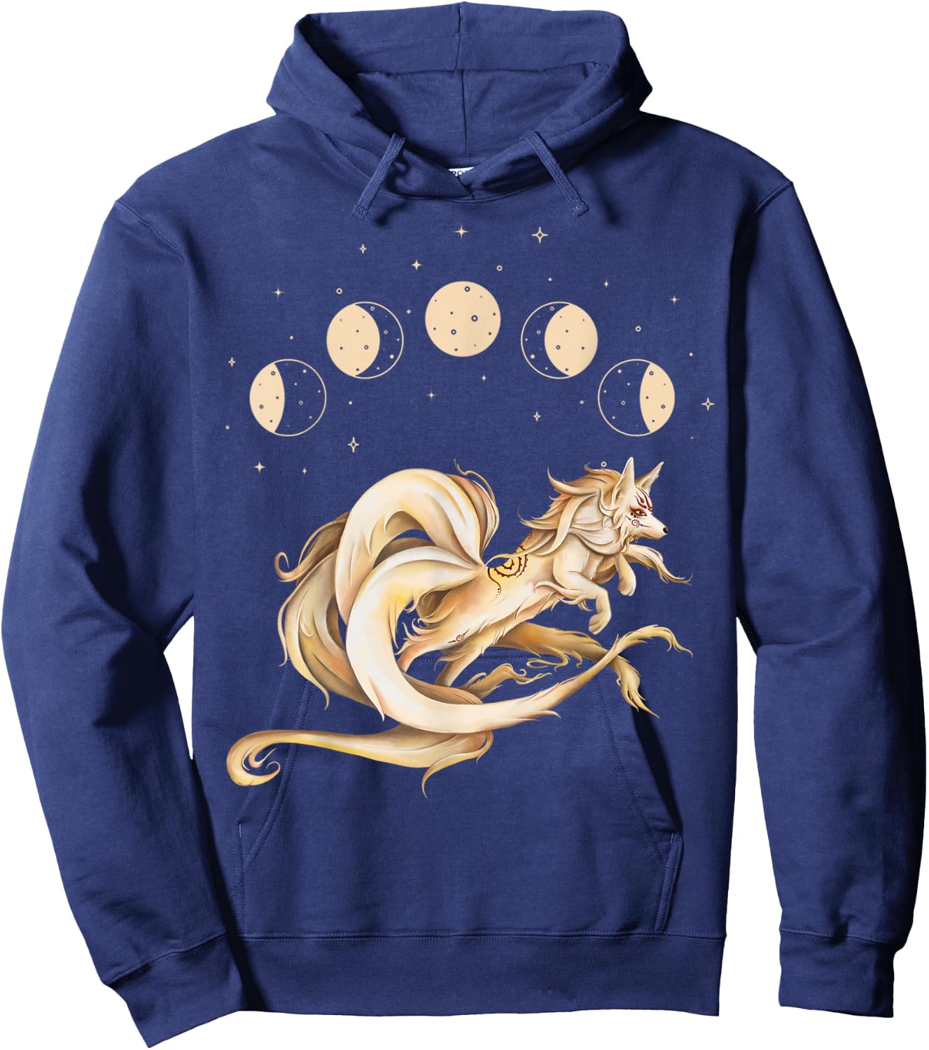 Japanese Nine -Tails Fox Kitsune Moon Phases Folklore Hoodie - Hoodie | Navy