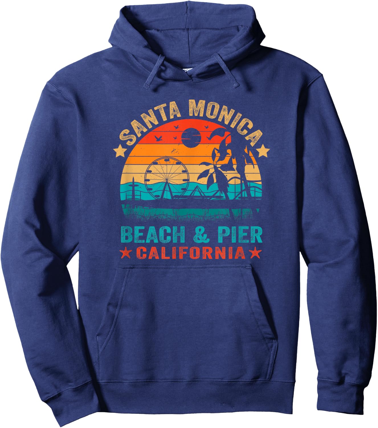 Santa Monica California USA Retro Beach Pier Ocean Sunset Hoodie - Hoodie | Navy