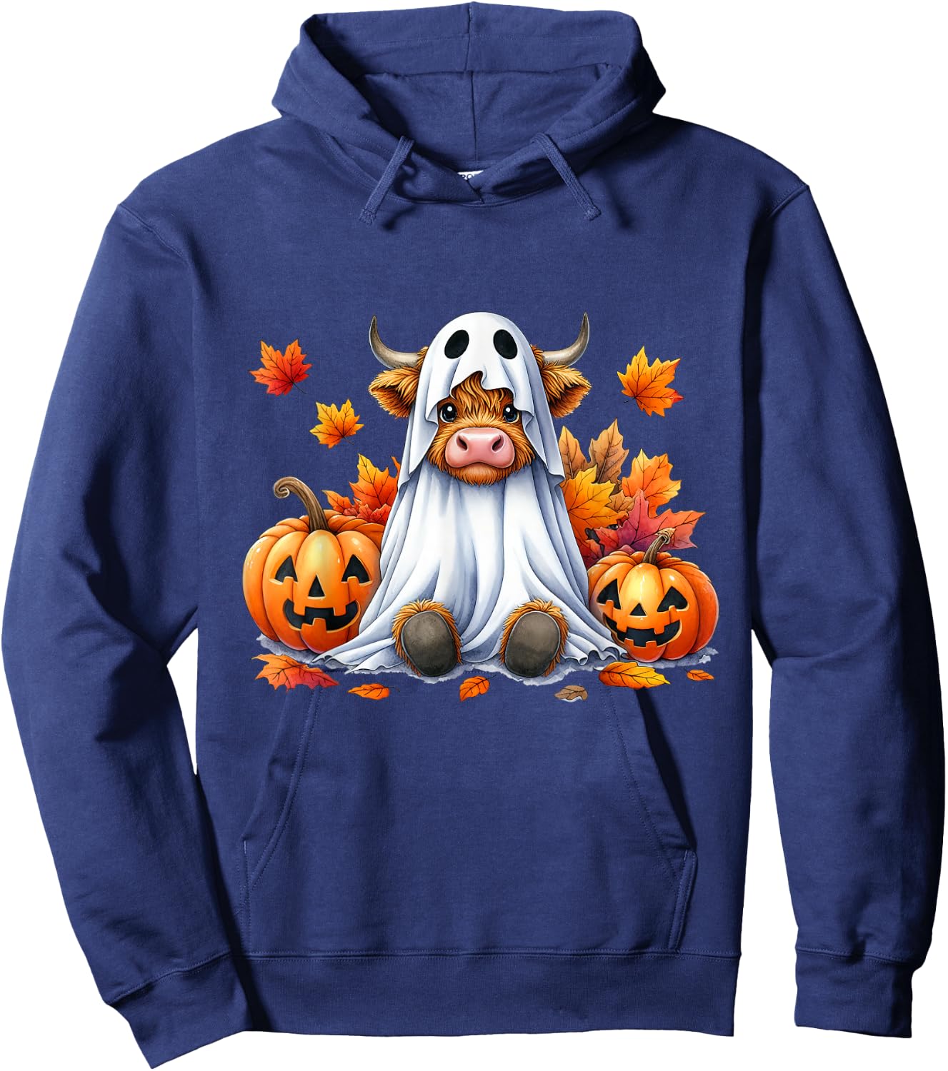 Funny Halloween Highland Cow Ghost Spooky Pumpkin Hello Fall Hoodie - Hoodie | Navy