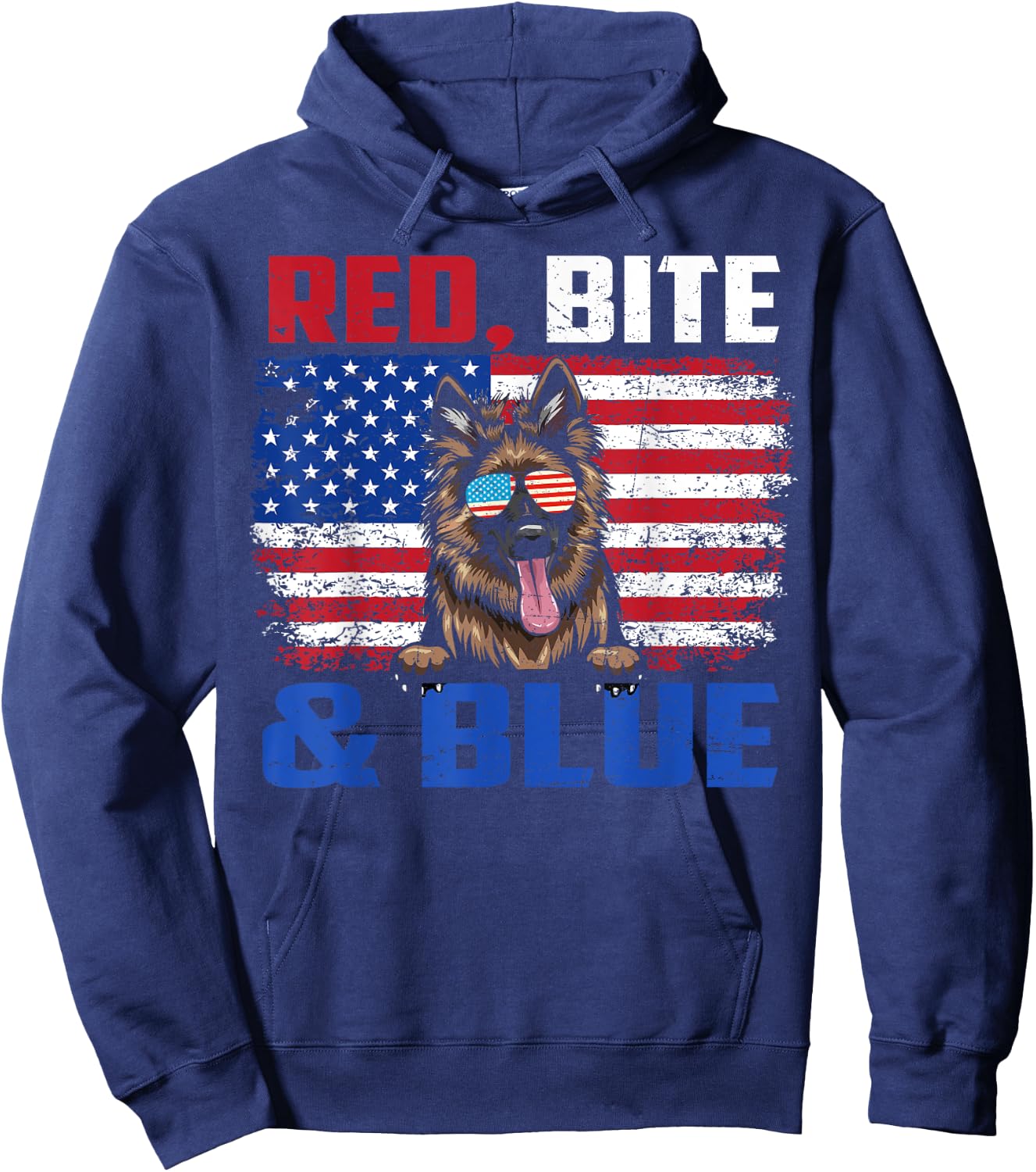 Red Bite Blue Long-Haired German Shepherd Dog 4th Of July Hoodie - Hoodie | Navy