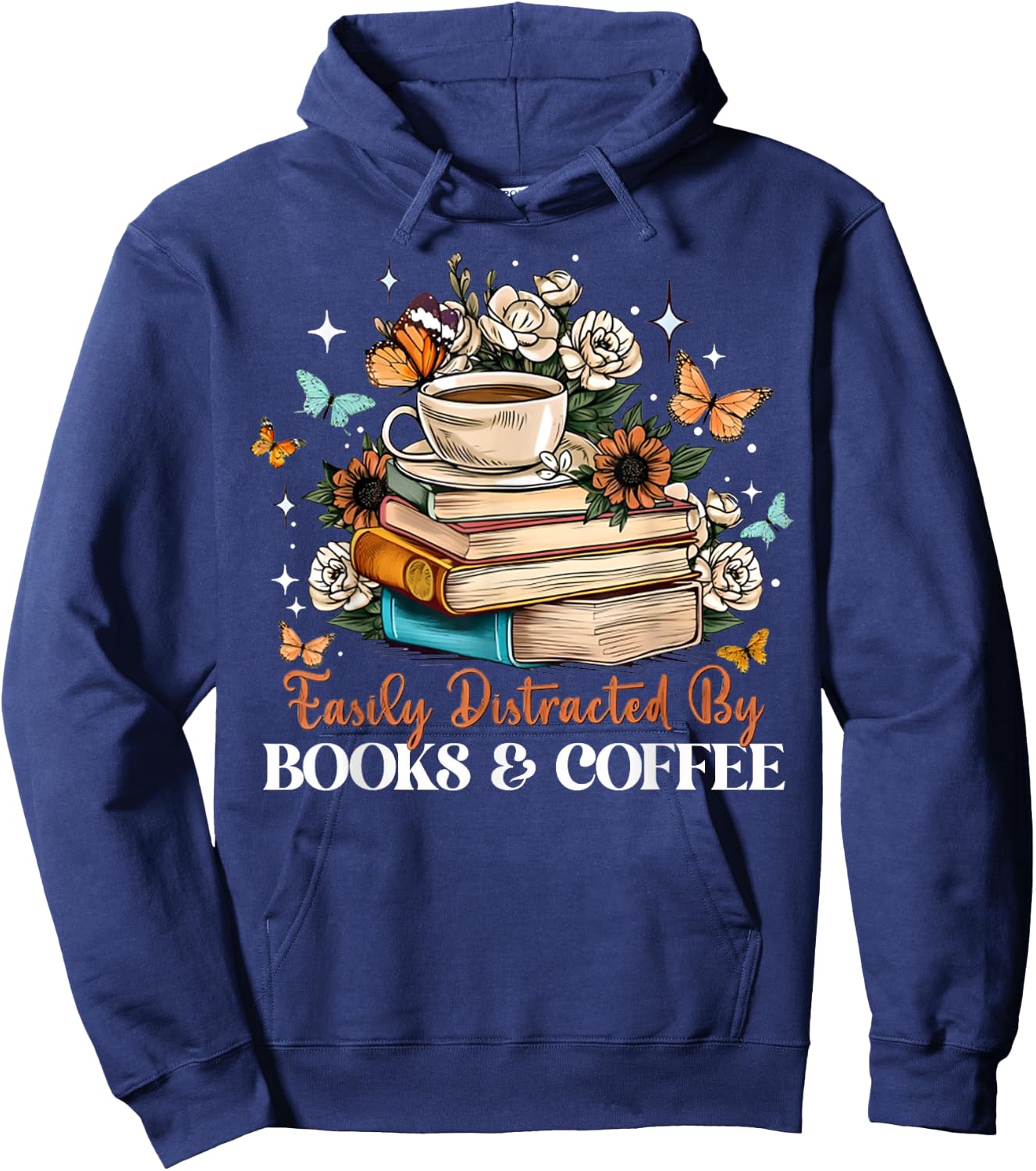 Easily Distracted by Books & Coffee Floral Book Lover Retro Hoodie - Hoodie | Navy