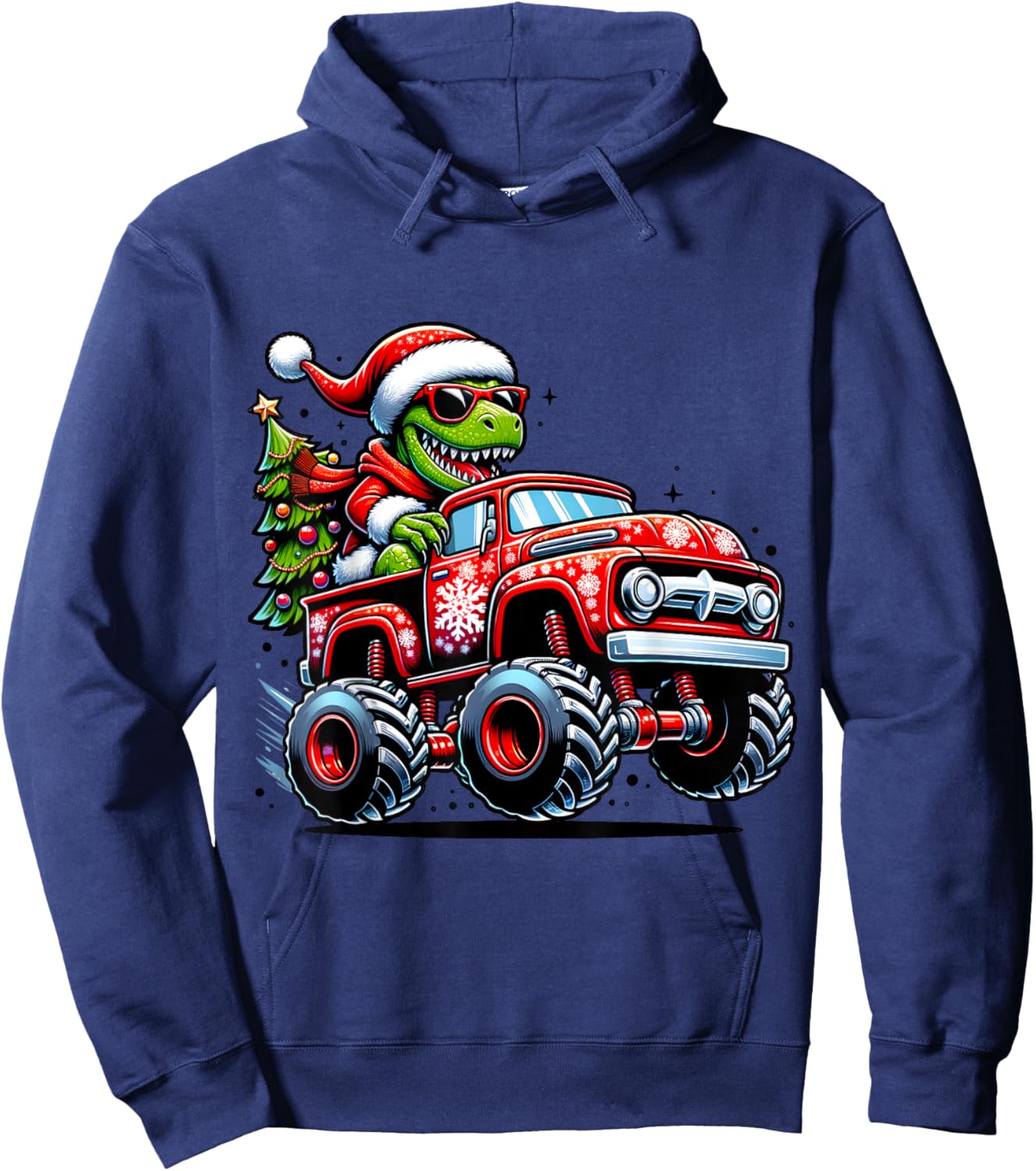 Christmas T Rex Monster Truck Boys Dinosaur Santa Xmas Funny Hoodie - Hoodie | Navy