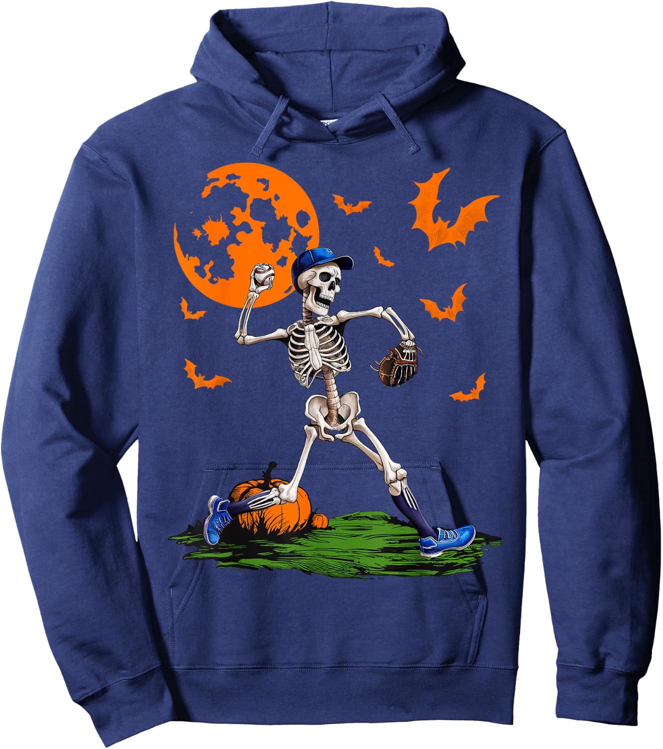 Baseball Skeleton Halloween Men Boys Baseball Spooky Season Hoodie - Hoodie | Navy