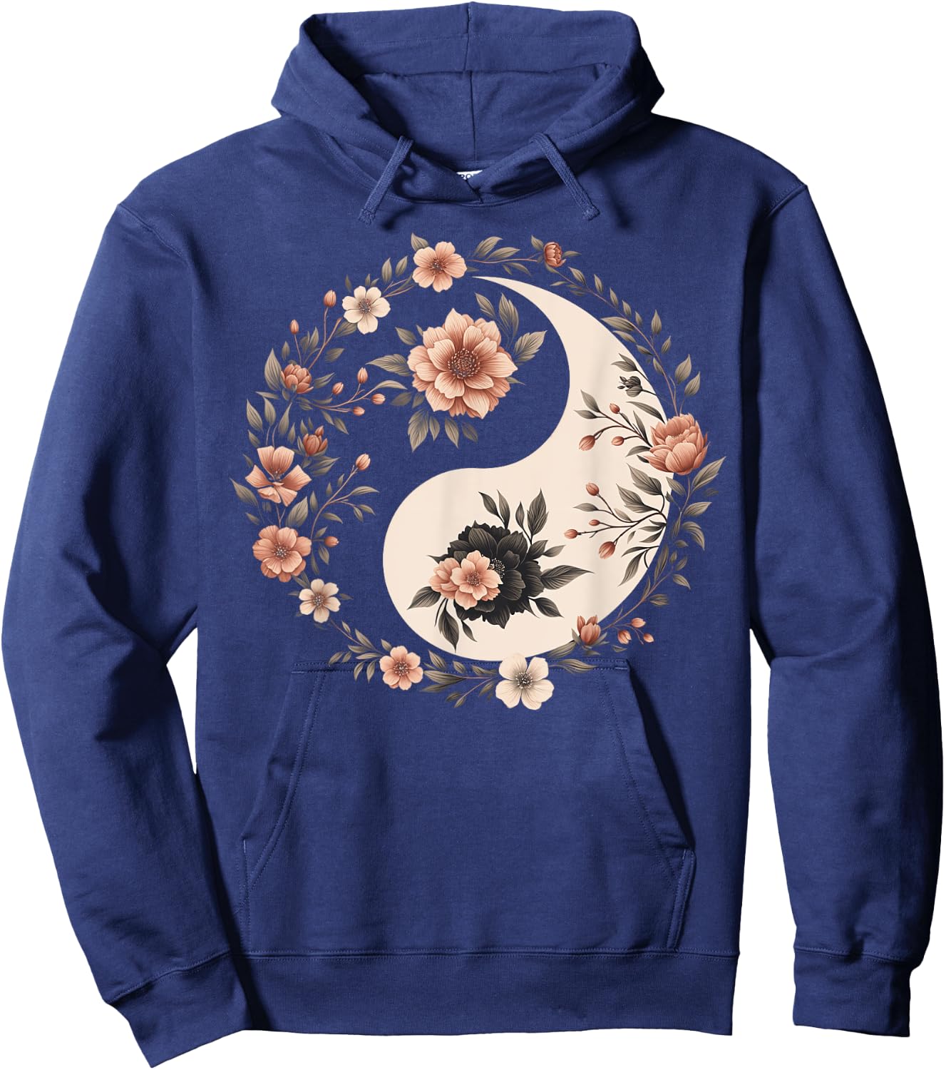 Cool Yin and Yang Symbol Floral Art Style Men Women Hoodie - Hoodie | Navy