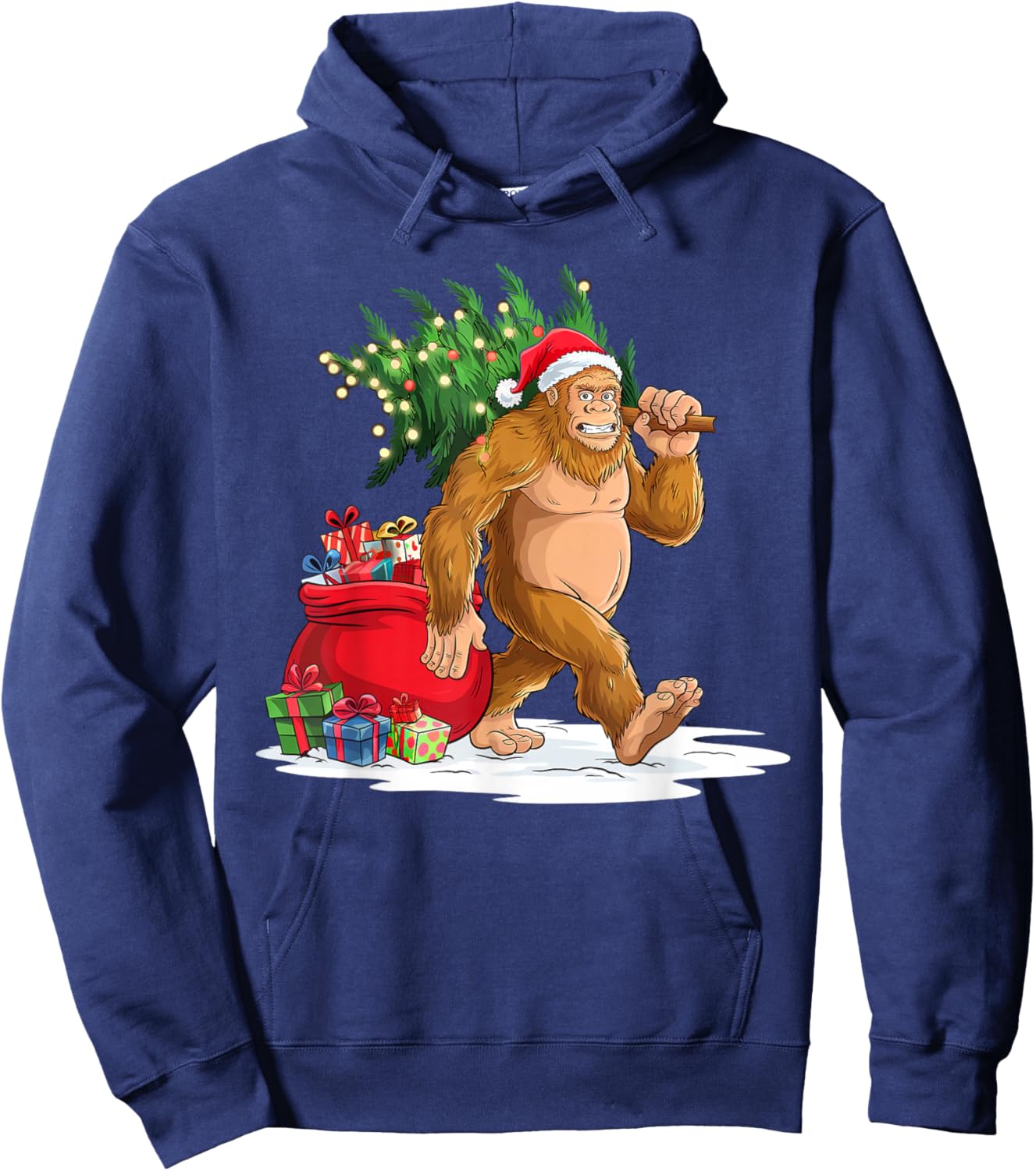 Bigfoot Christmas Tree Lights Xmas Boys Men Sasquatch Lovers Hoodie - Hoodie | Navy
