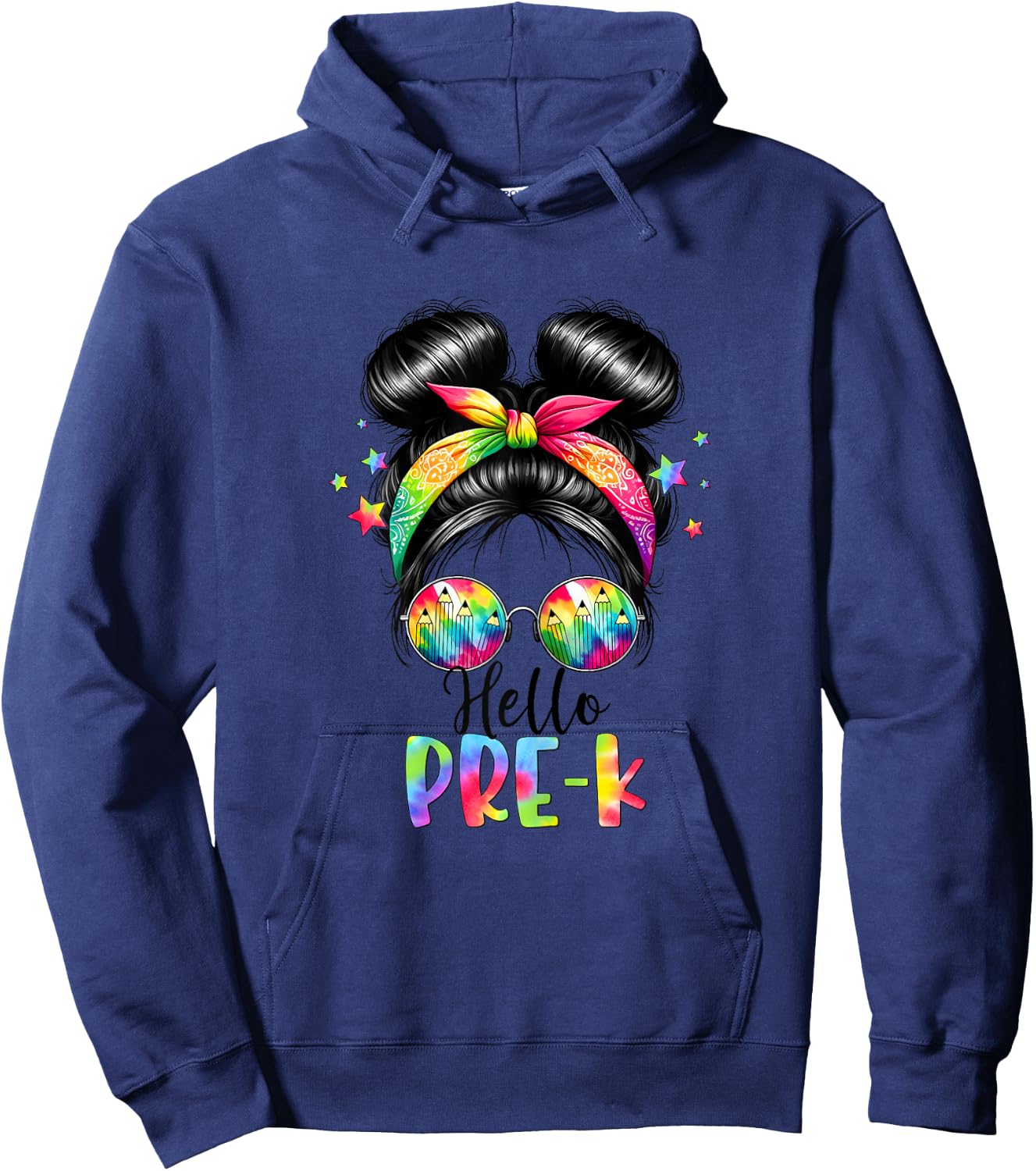 Hello Pre-K Messy Hair Bun Girl Back To School First Day Hoodie - Hoodie | Navy