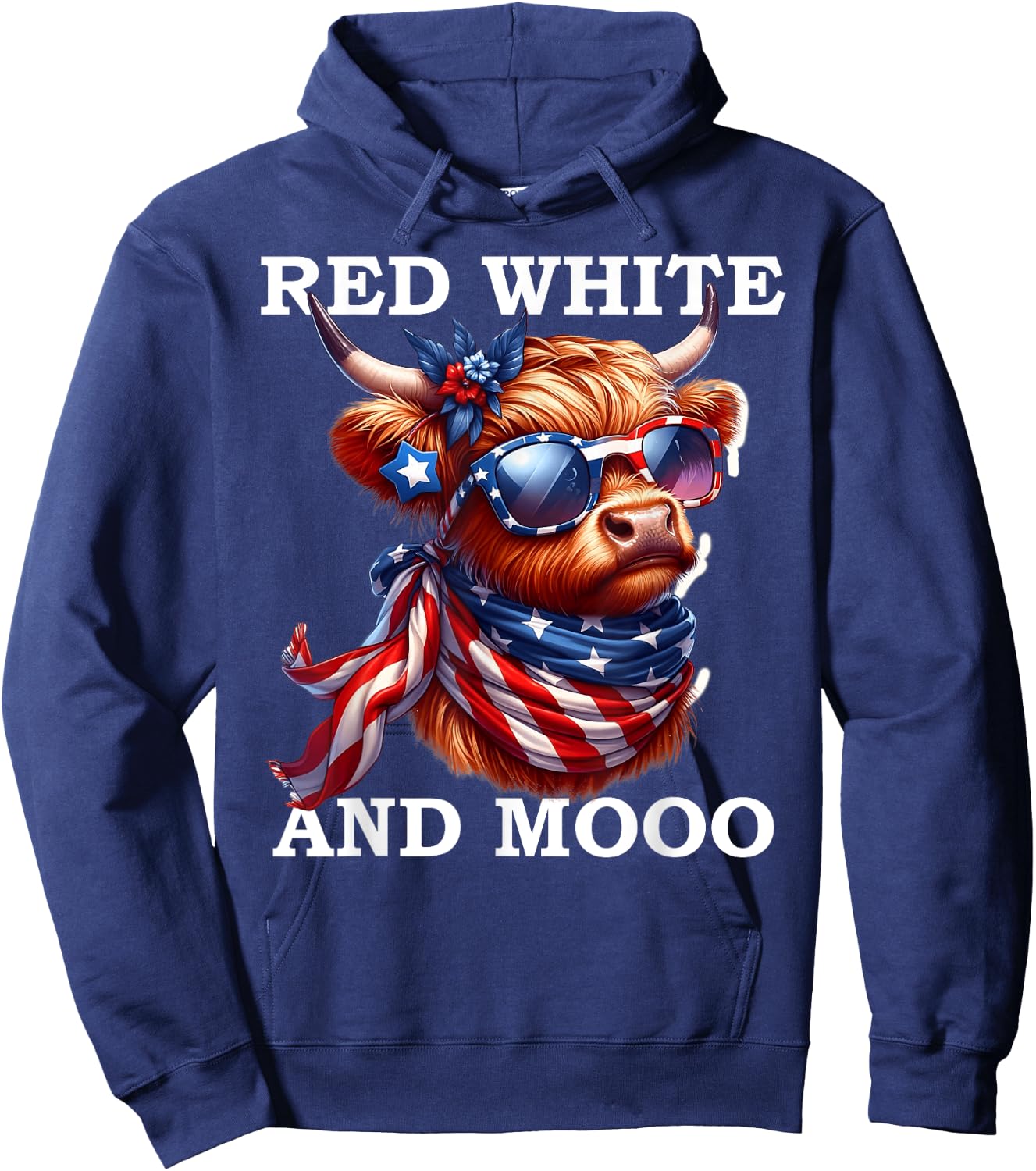 Red White and Moo Patriotic Cow USA Flag Funny 4th of July Hoodie - Hoodie | Navy