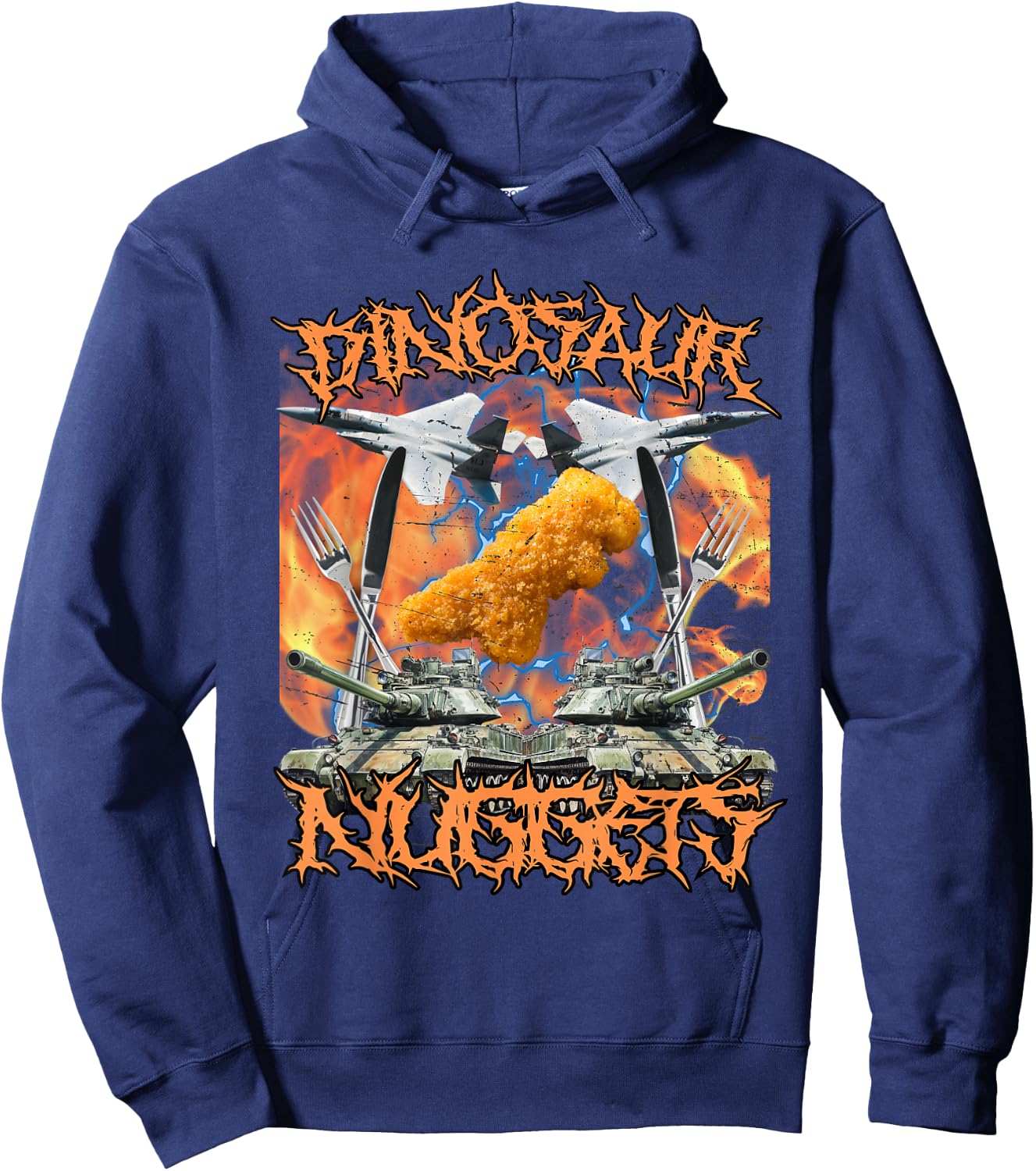 Funny Dinosaur Chicken Nugget Bootleg Hardcore Flames Meme Hoodie - Hoodie | Navy