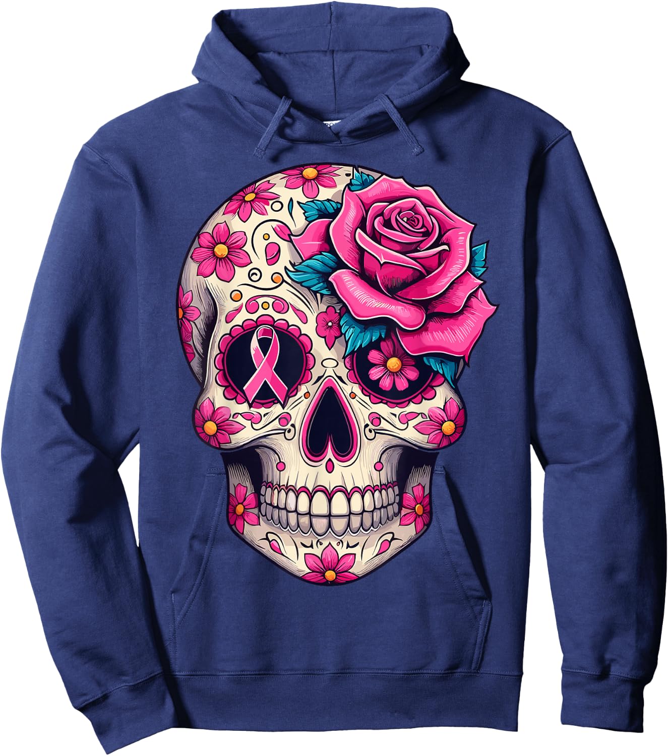 Sugar Skull Pink Ribbon Calavera Breast Cancer Awareness Hoodie - Hoodie | Navy