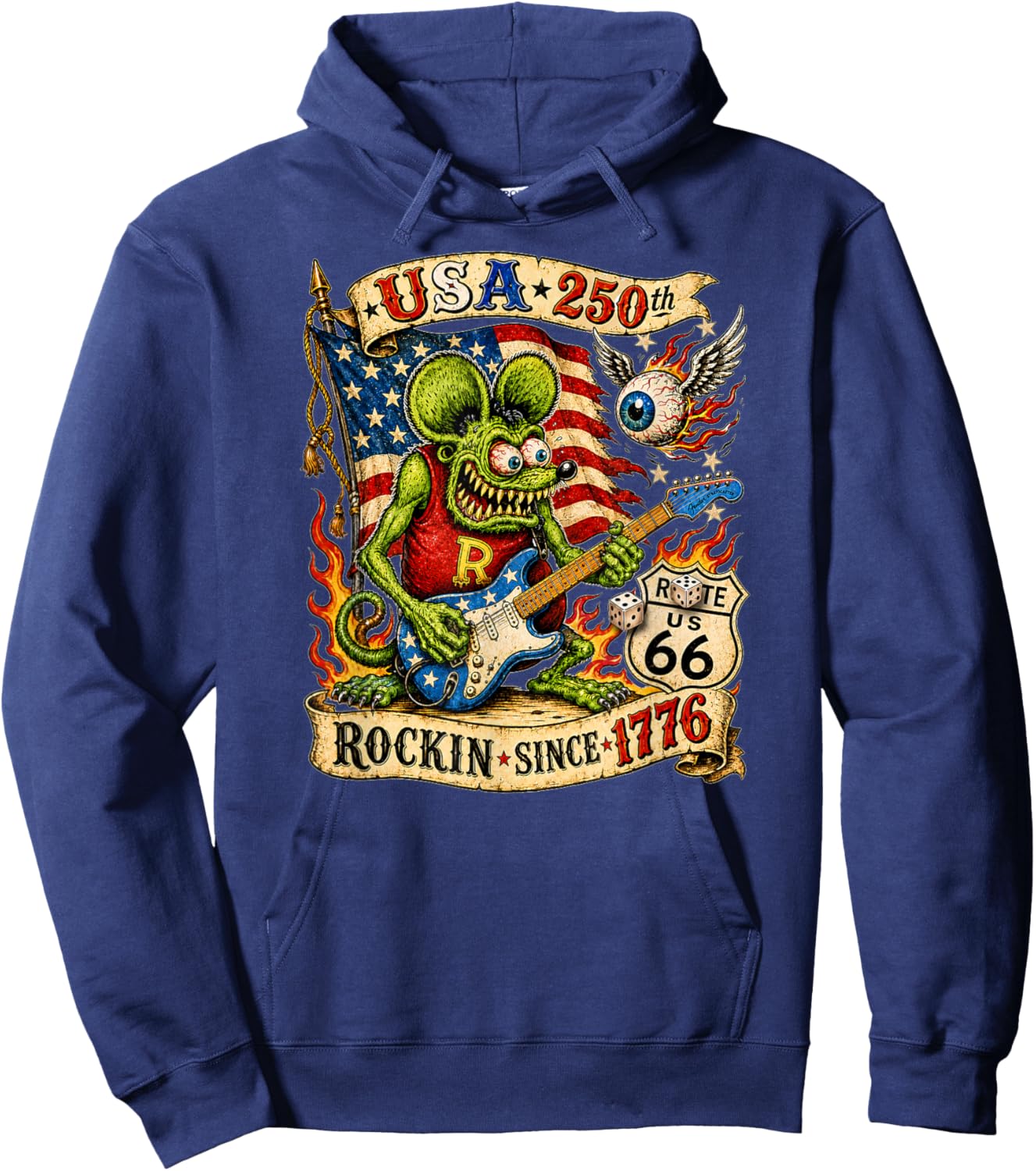 USA 250 Rat Fink Roote Guitar Music Highway 66 Vintage Retro Hoodie - Hoodie | Navy