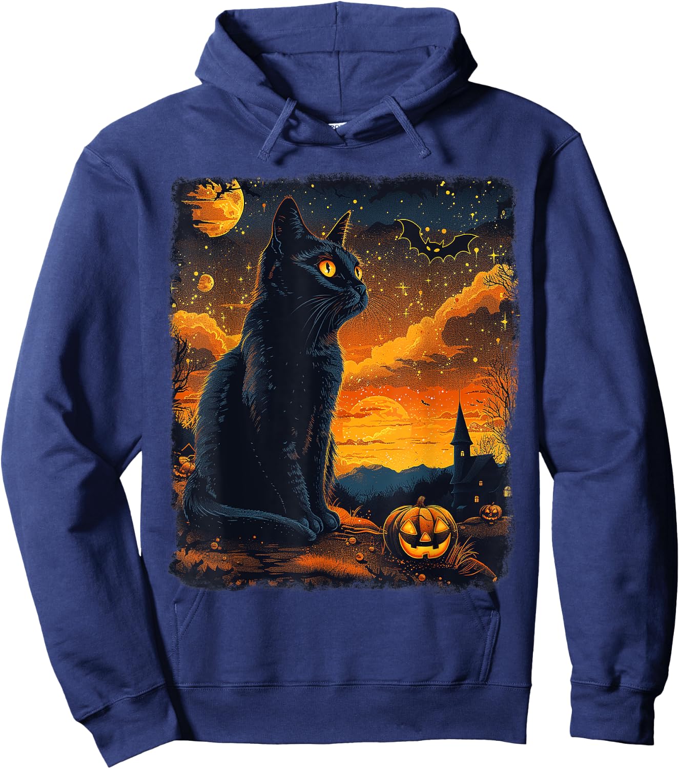 Black Cat Starry Night Van Gogh Pumpkins Bats Halloween Crew Hoodie - Hoodie | Navy