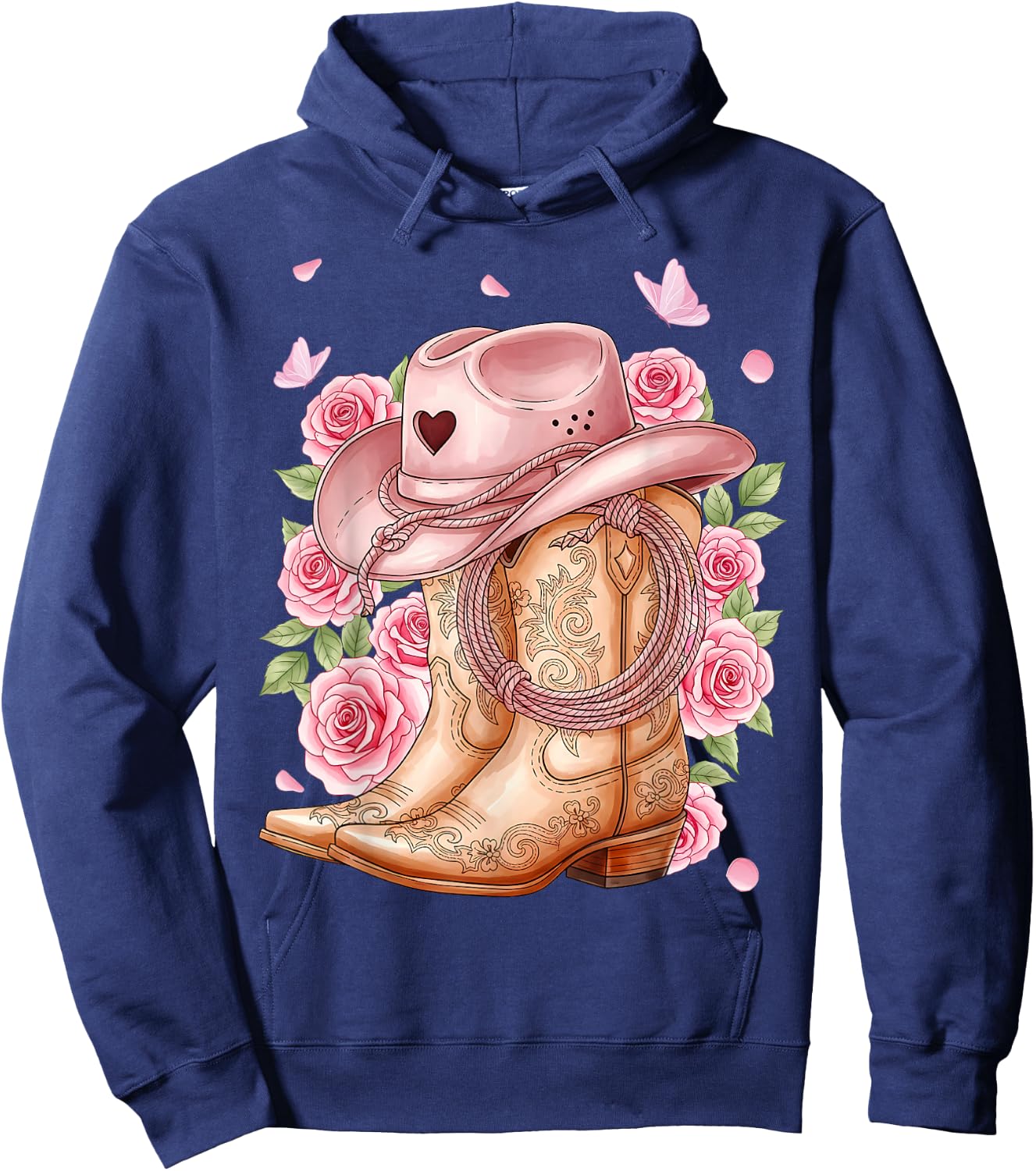 Western Country Pink Cowboy Boots Cowgirl Hat and Roses Hoodie - Hoodie | Navy