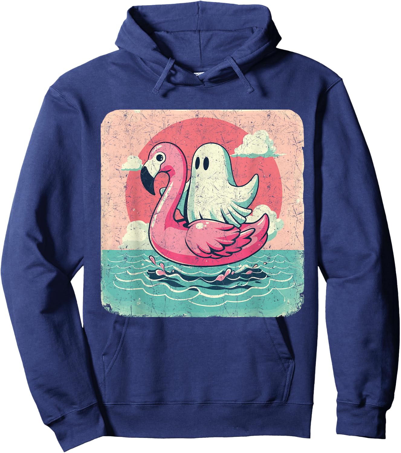 Funny Pool Vintage Ghost On A Pink Flamingo Summer Halloween Men Women Hoodie - Hoodie | Navy
