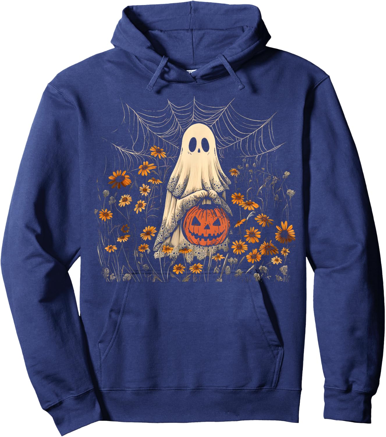 Retro Floral Lace Ghost Pumpkin Spooky Halloween Girls Women Hoodie - Hoodie | Navy