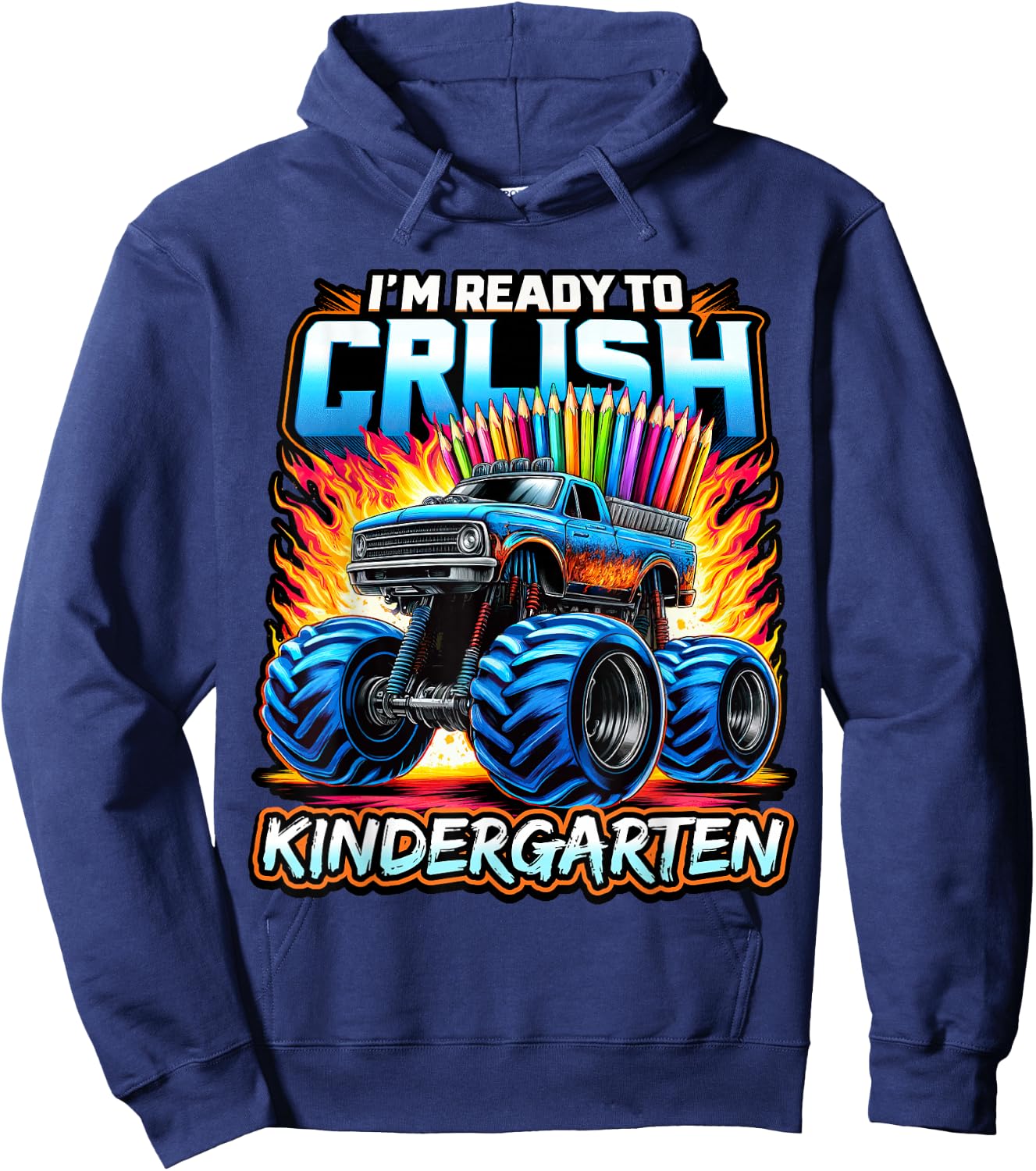 Back to School Kindergarten Monster Truck Ready to Crush Boy Hoodie - Hoodie | Navy