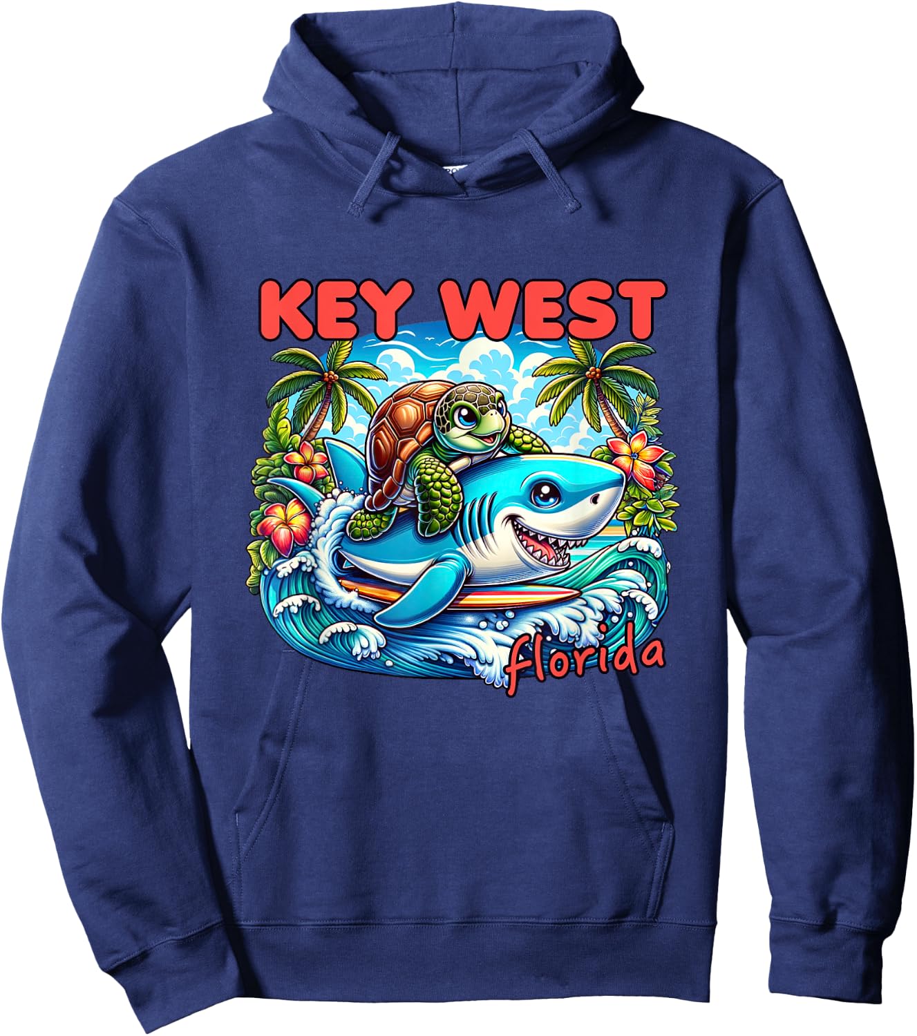 Key West Florida Beach Turtle and Shark Hoodie - Hoodie | Navy