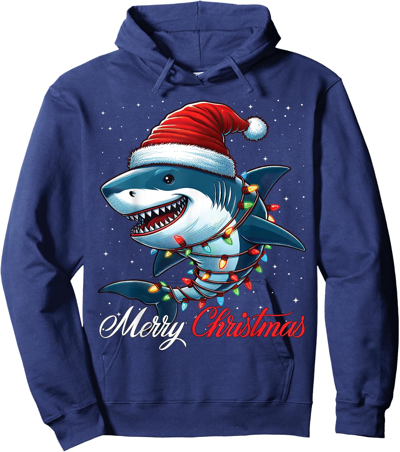 Shark Santa Hat Merry Christmas Lights Xmas Snow Hoodie - Hoodie | Navy