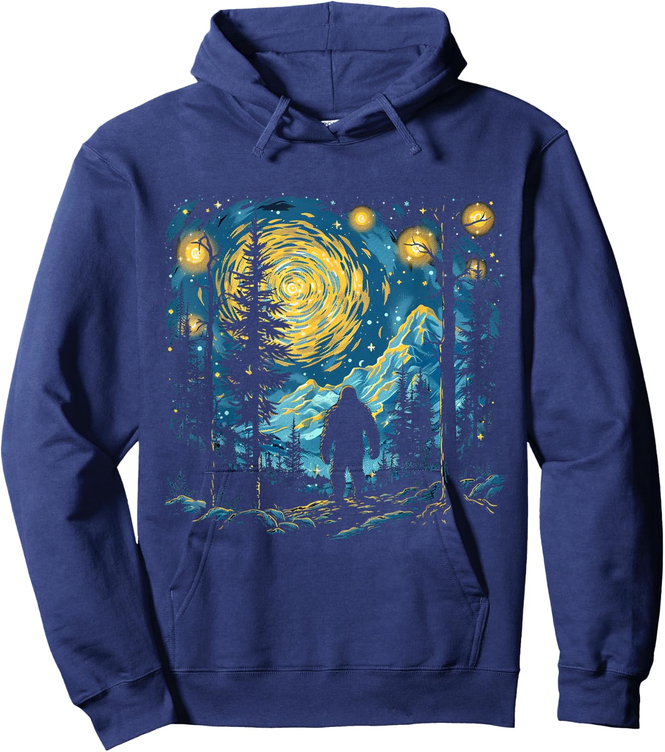 Funny Bigfoot Starry Night Sasquatch Van Gogh Sky Painting Hoodie - Hoodie | Navy
