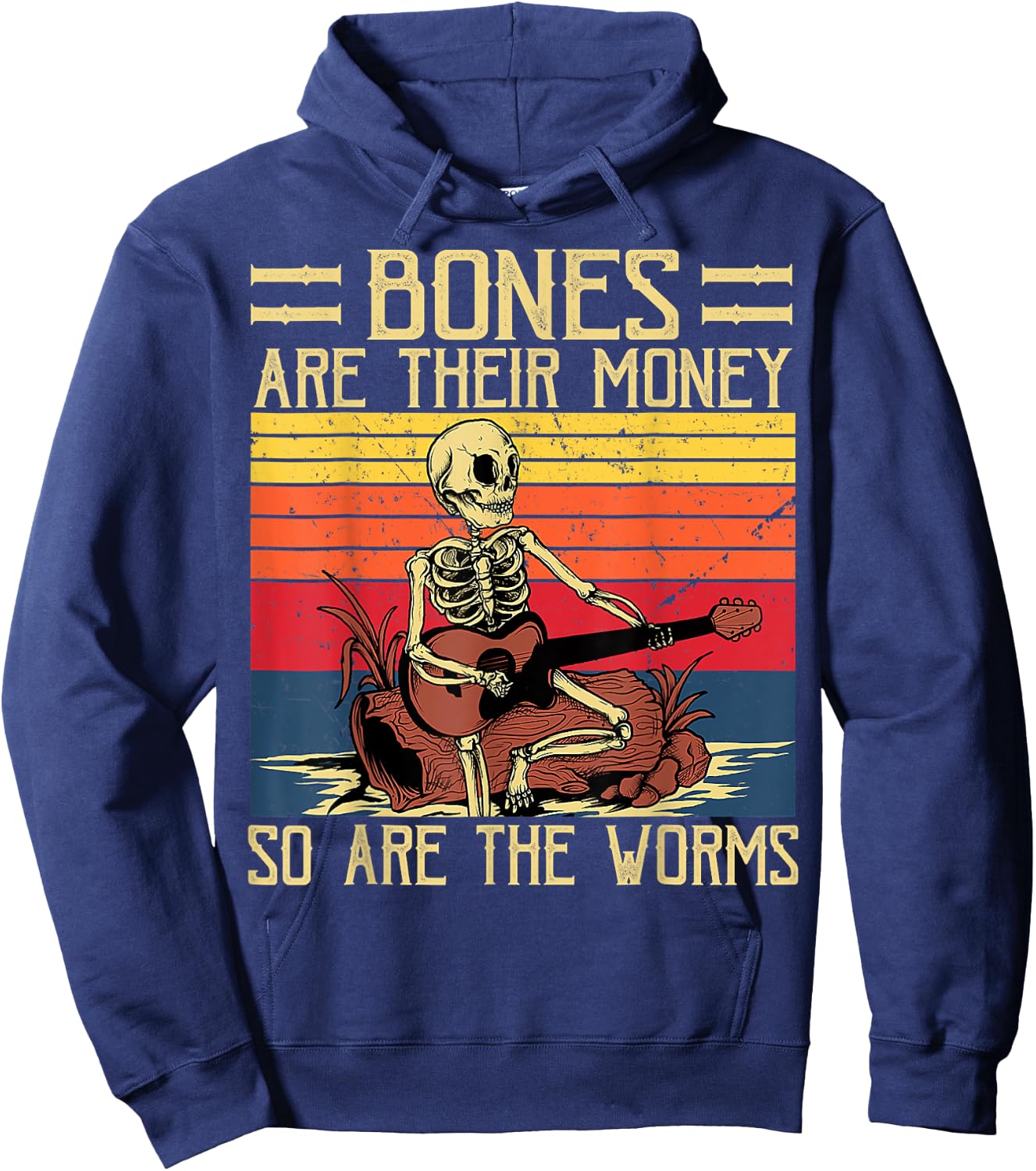 Bones Are Their Money, Skeleton Playing Guitar Retro Vintage Hoodie - Hoodie | Navy