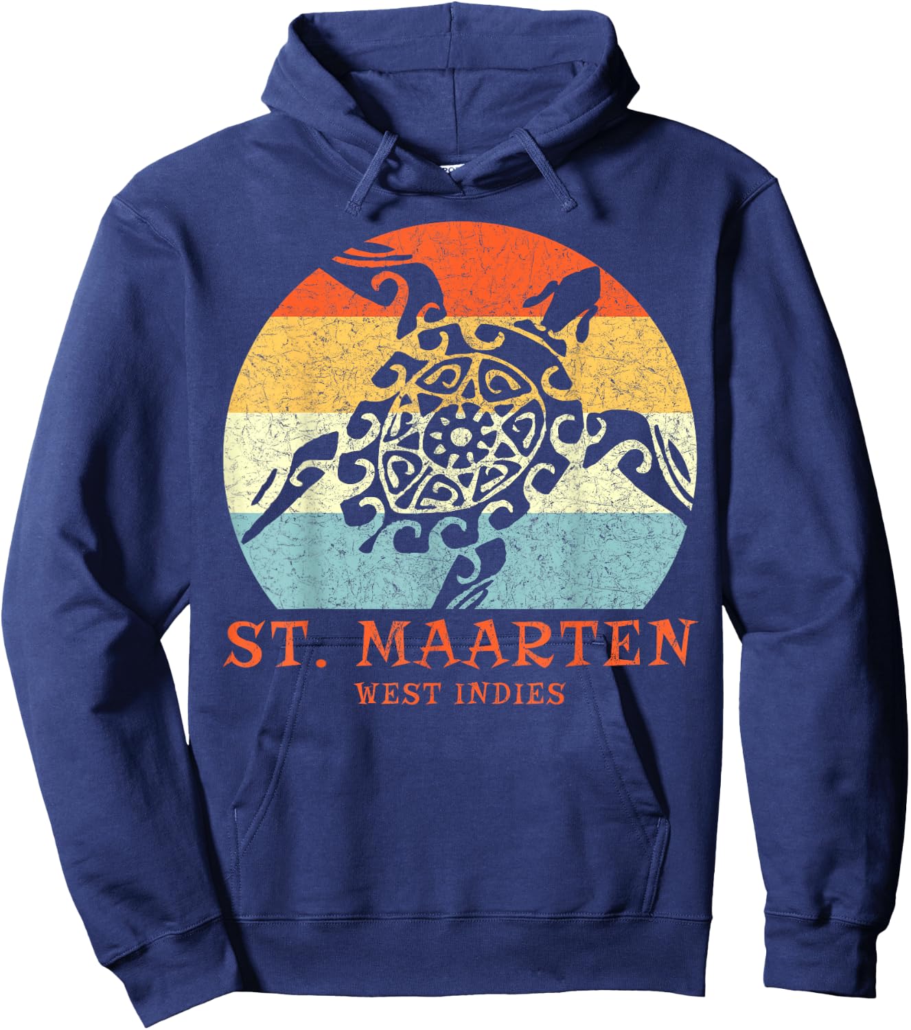 St. Martin, West Indies Vintage Retro Tribal Turtle Vacation Hoodie - Hoodie | Navy